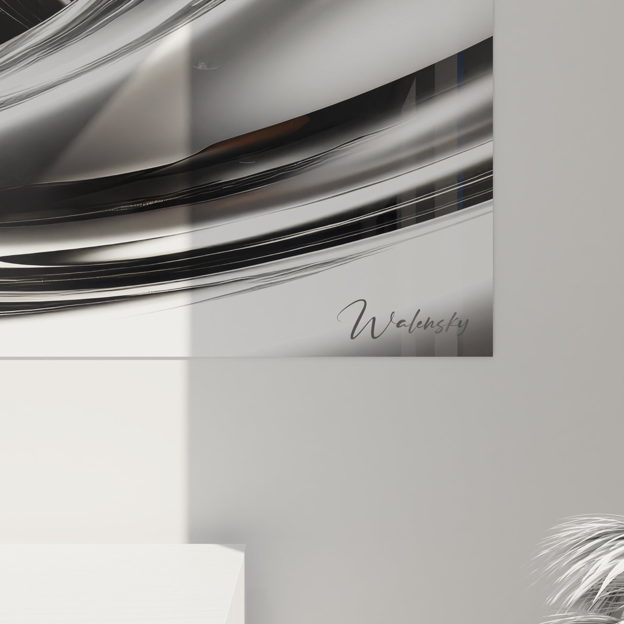 Vue ensemble tableau mural tourbillon argenté, œuvre abstraite métallique pour intérieur contemporain