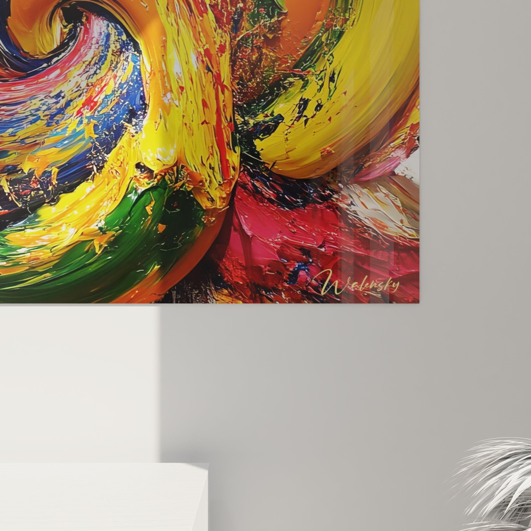 Vue ensemble tableau spirale coloré, art mural abstrait moderne décoration intérieure design