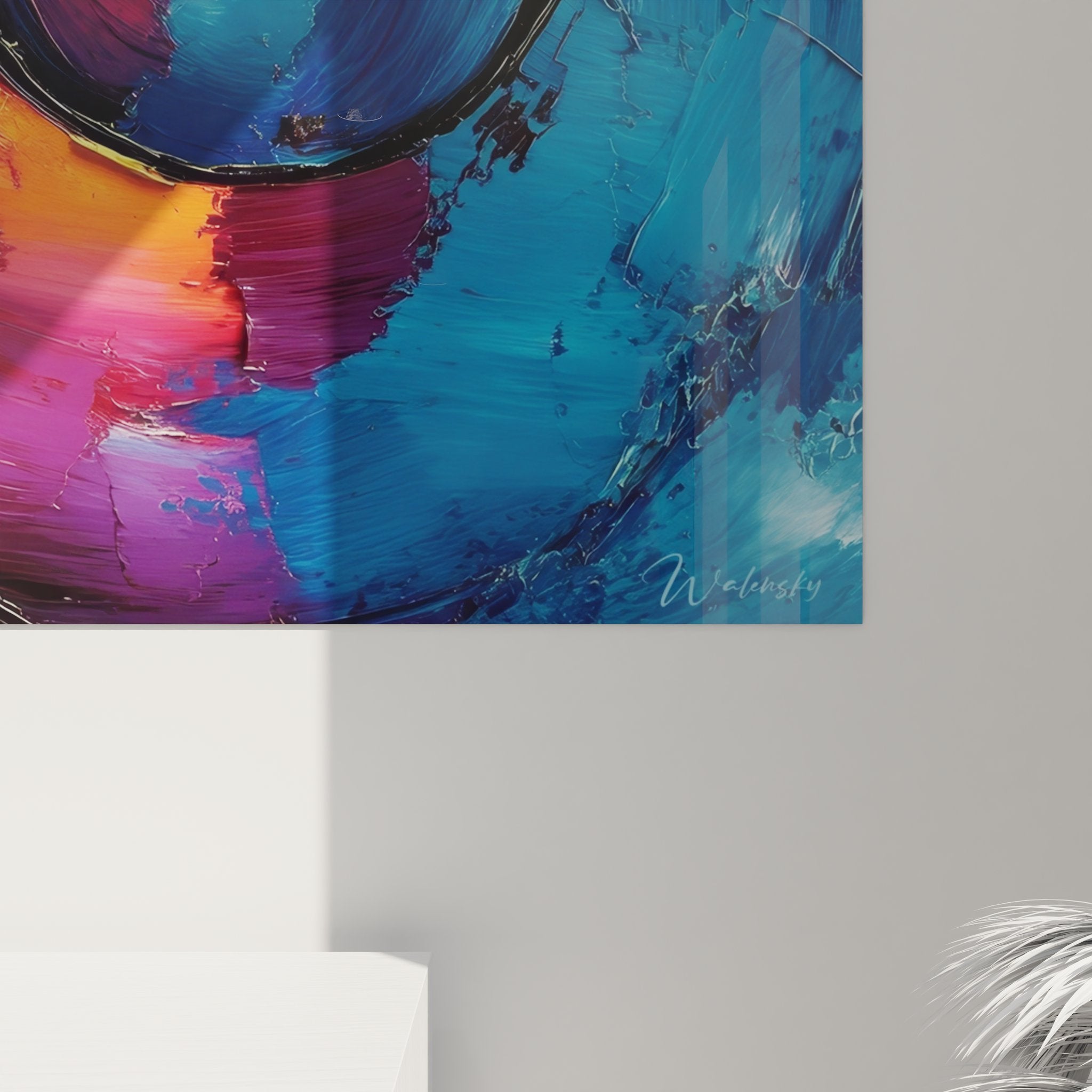 Vue ensemble tableau spirale multicolore abstrait - art mural décoratif contemporain coloré