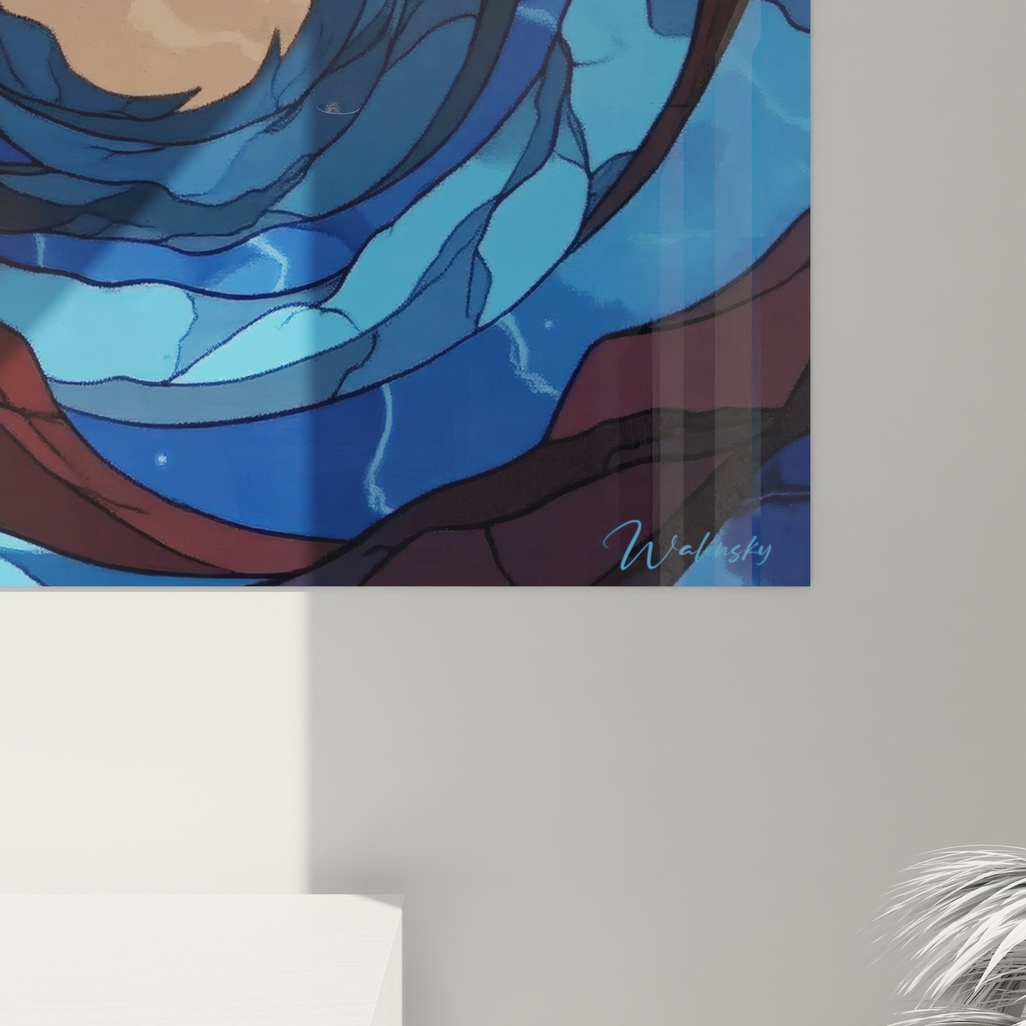 Vue ensemble tableau mural spirale cosmique - art abstrait bleu pour décoration intérieure moderne