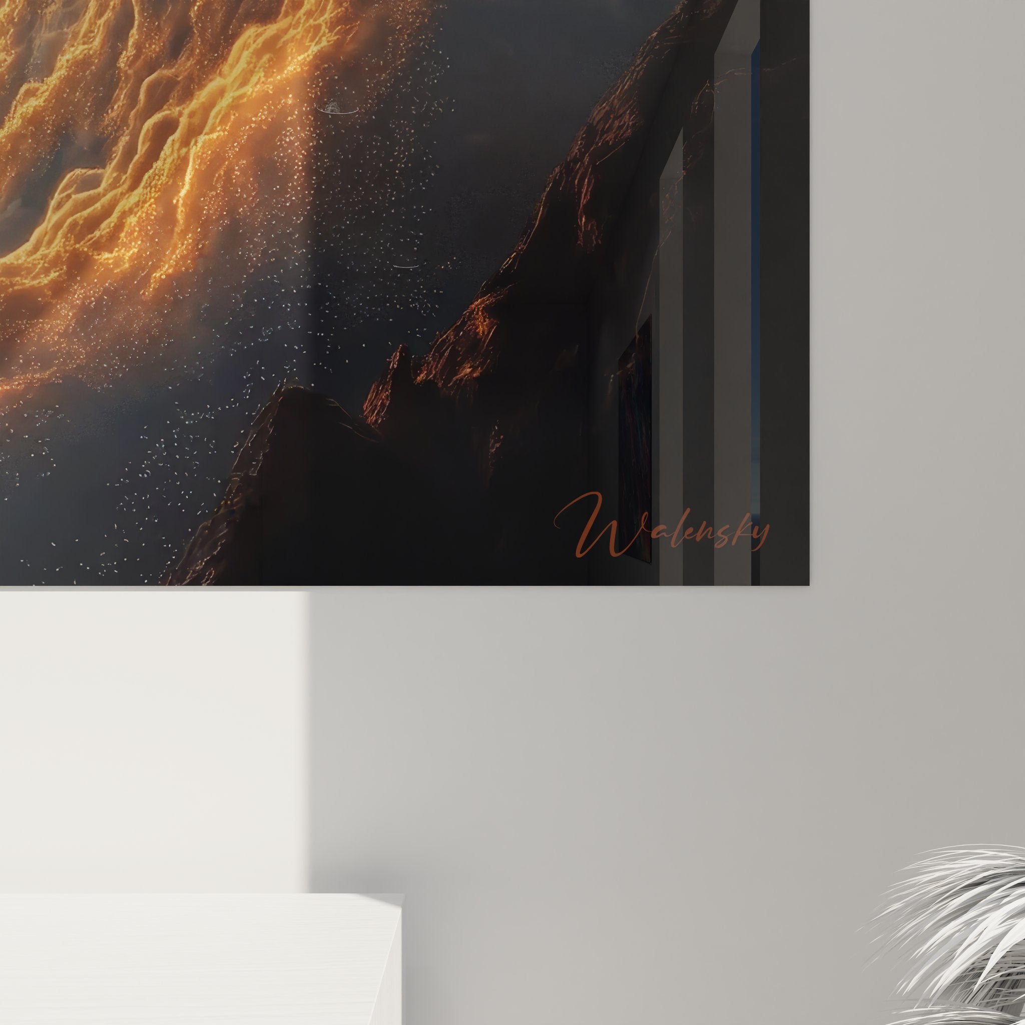 Vue ensemble tableau mural spirale céleste dorée, art décoratif moderne premium