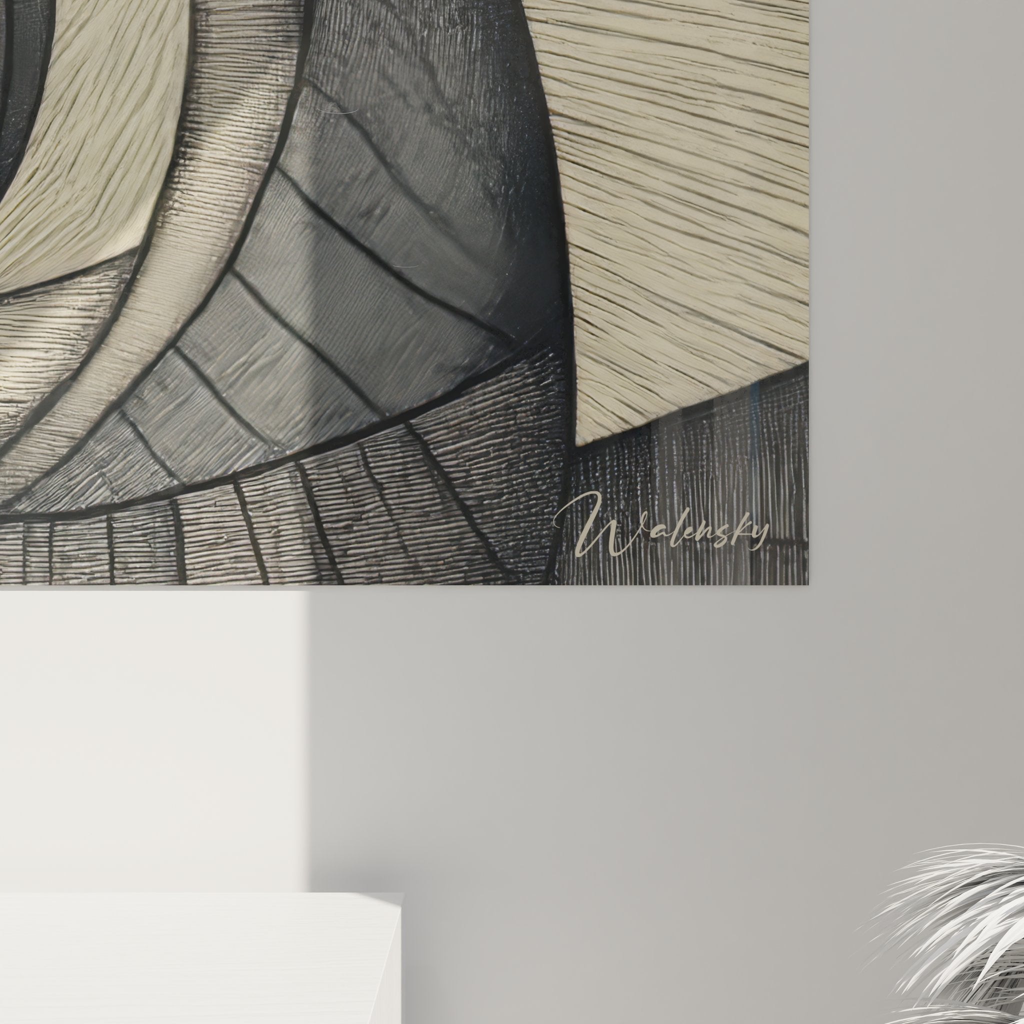 Vue ensemble tableau spirale texturée, composition géométrique complète aux tons beiges et gris