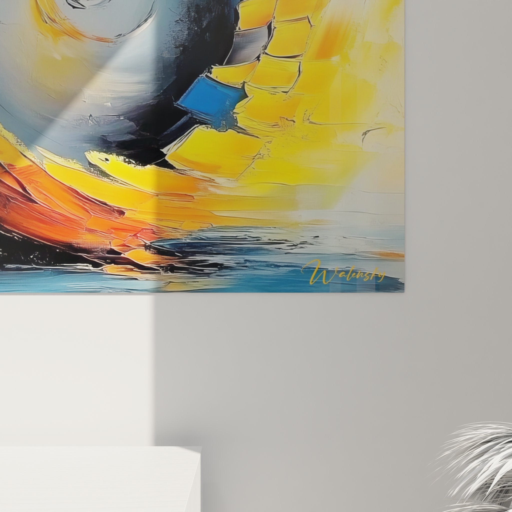 Vue ensemble tableau spirale cosmique orange bleue - art abstrait mural décoratif moderne