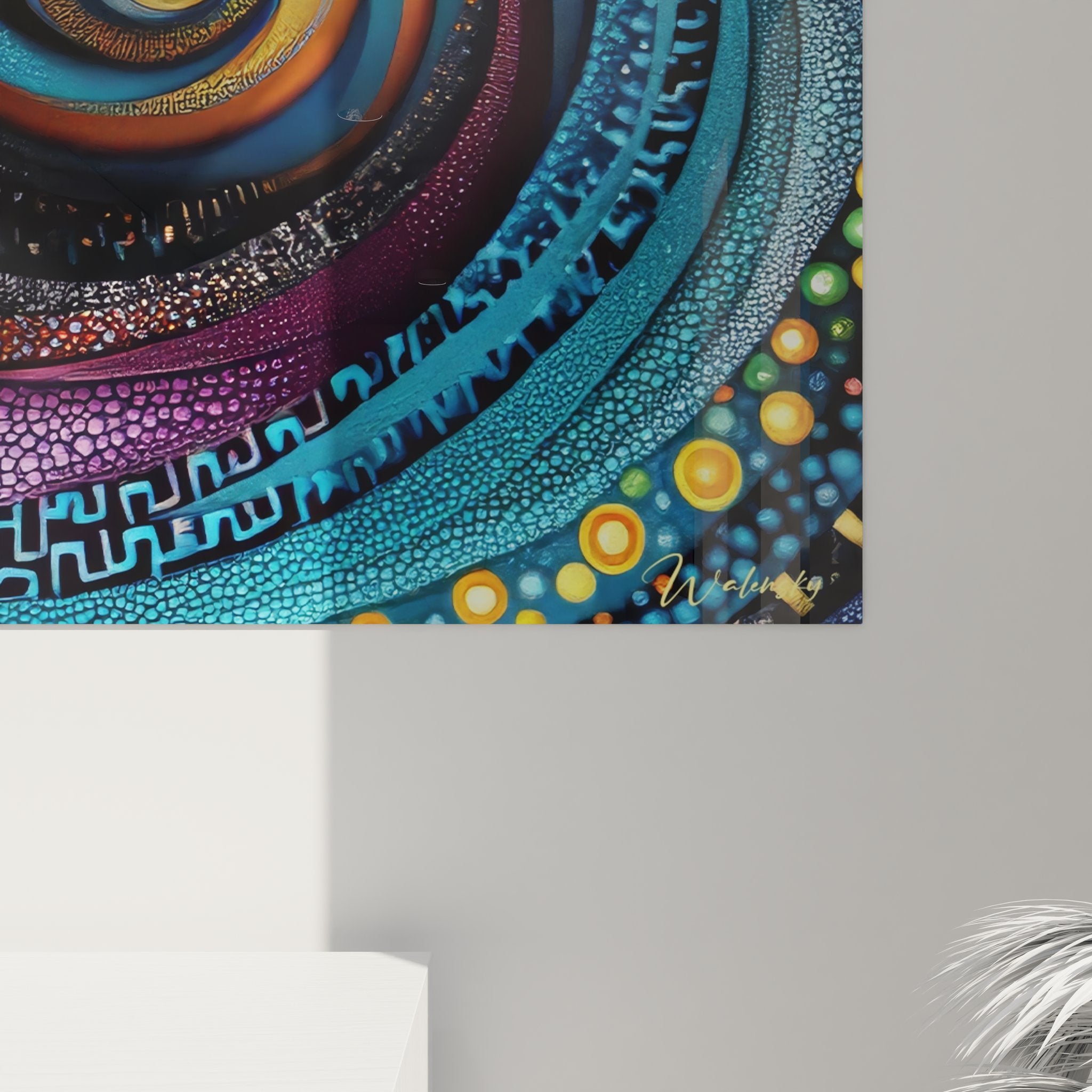 Vue ensemble tableau spirale cosmique, art mural abstrait design pour décoration intérieure moderne