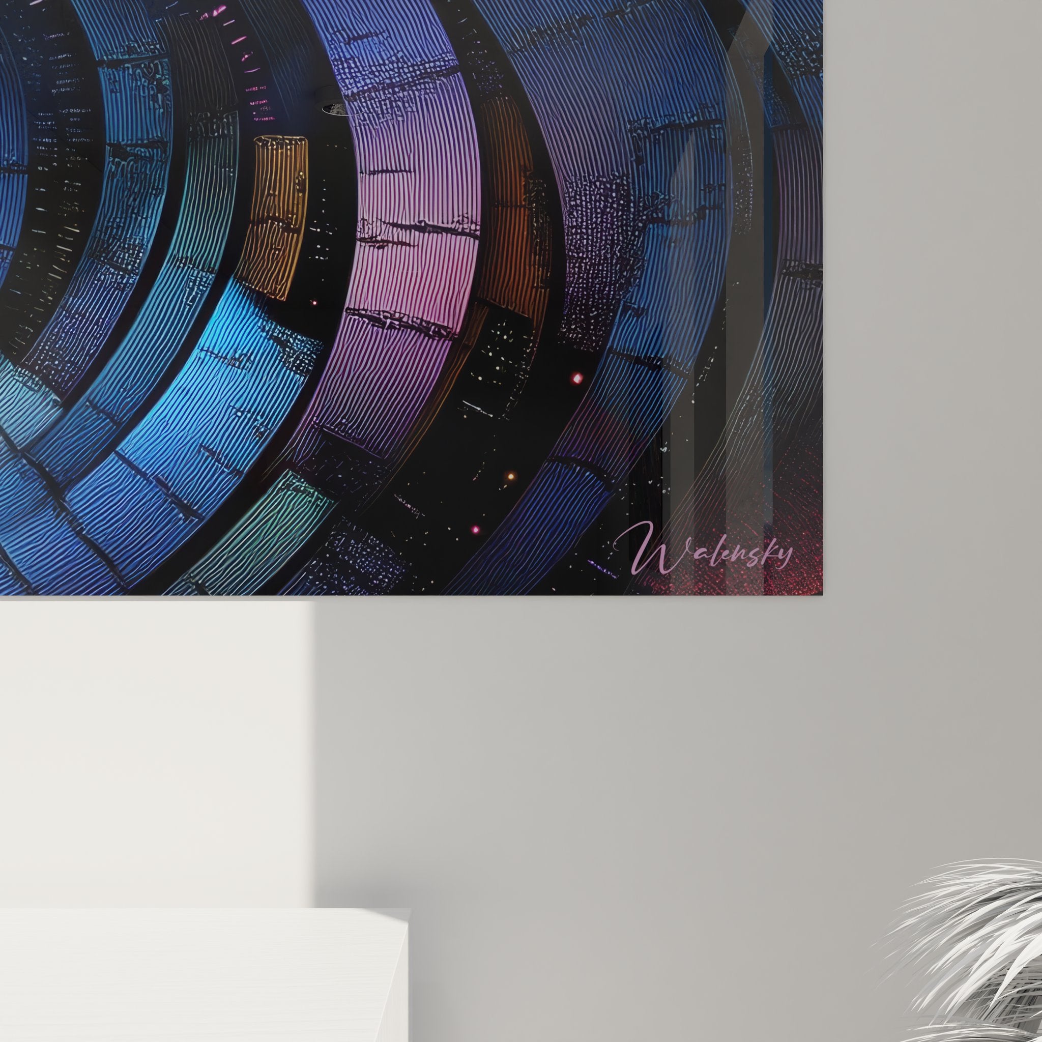 Vue ensemble tableau spirale colorée cosmique, art mural abstrait géométrique, décoration contemporaine