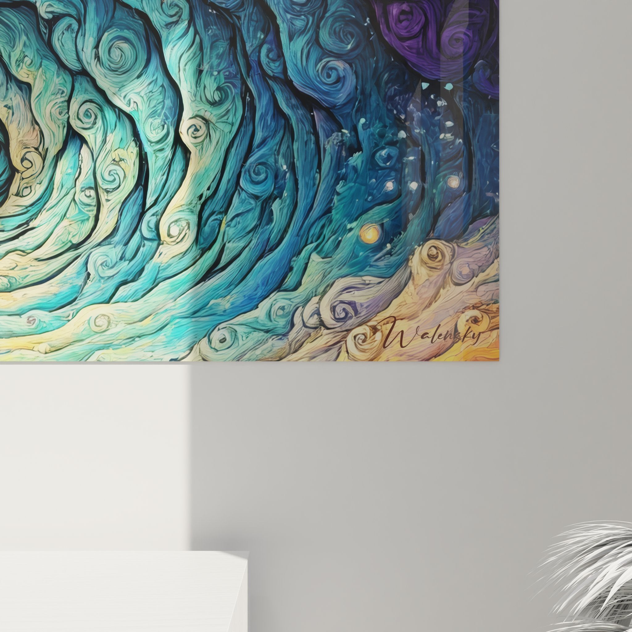 Vue ensemble tableau spirale cosmique art mural abstrait moderne décoration intérieure