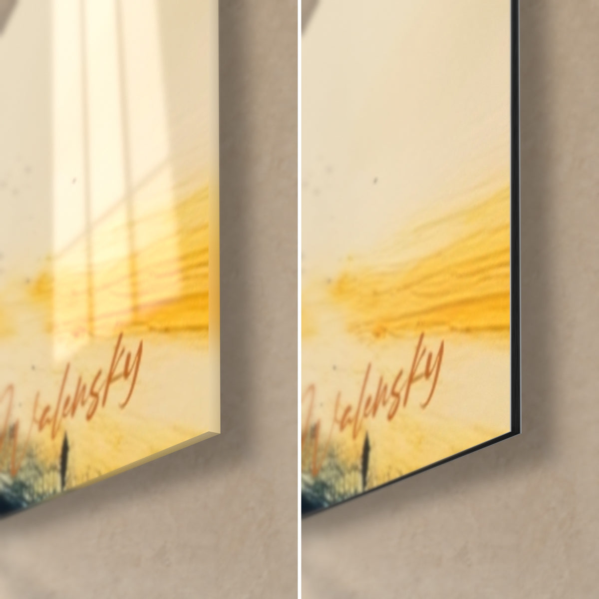 Quadro sole astratto giallo e crema, angolo in basso a destra, firma arancione, vetro acrilico lucido e Dibond opaco, spessore 3 mm