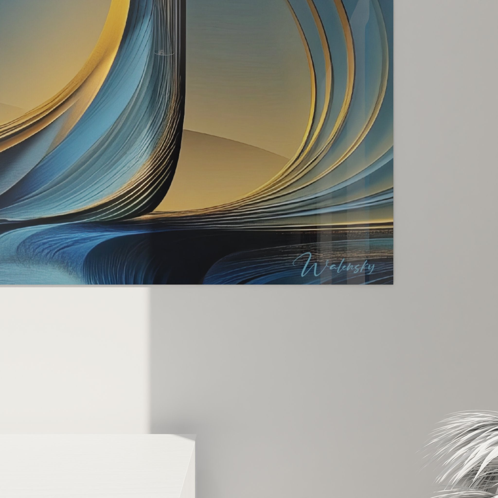 Vue ensemble tableau mural spirale cosmique bleue dorée décoration intérieure contemporaine
