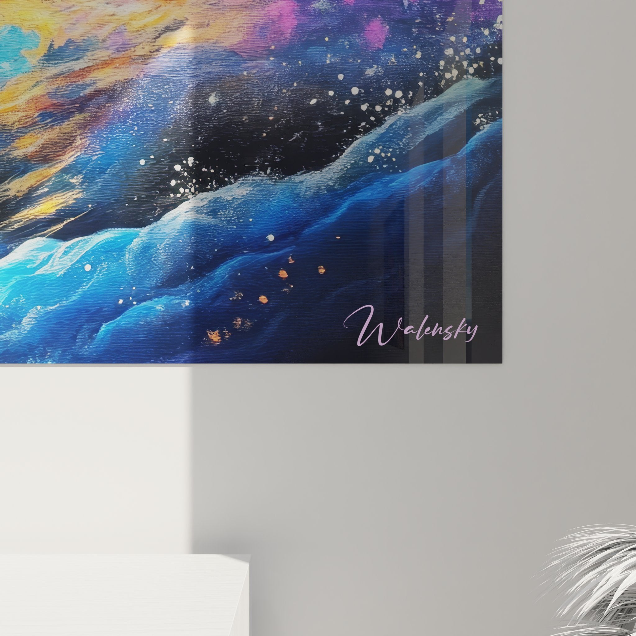 Vue ensemble tableau mural spirale galactique avec effets lumineux et couleurs contrastées