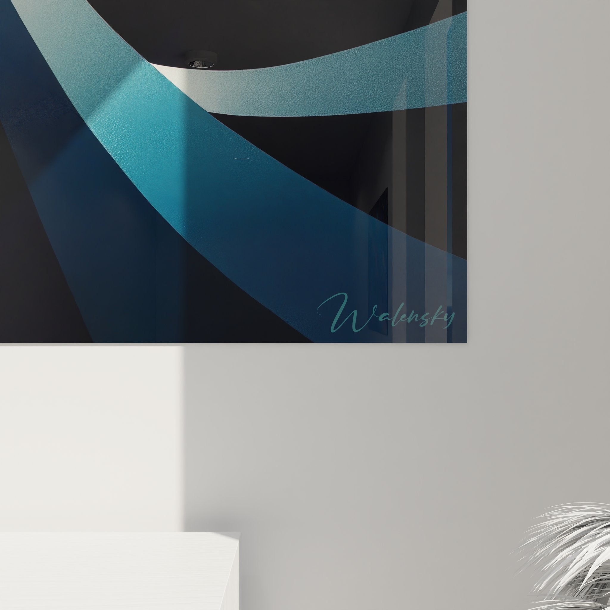 Vue ensemble tableau spirale infinie bleue art mural abstrait décoration contemporaine