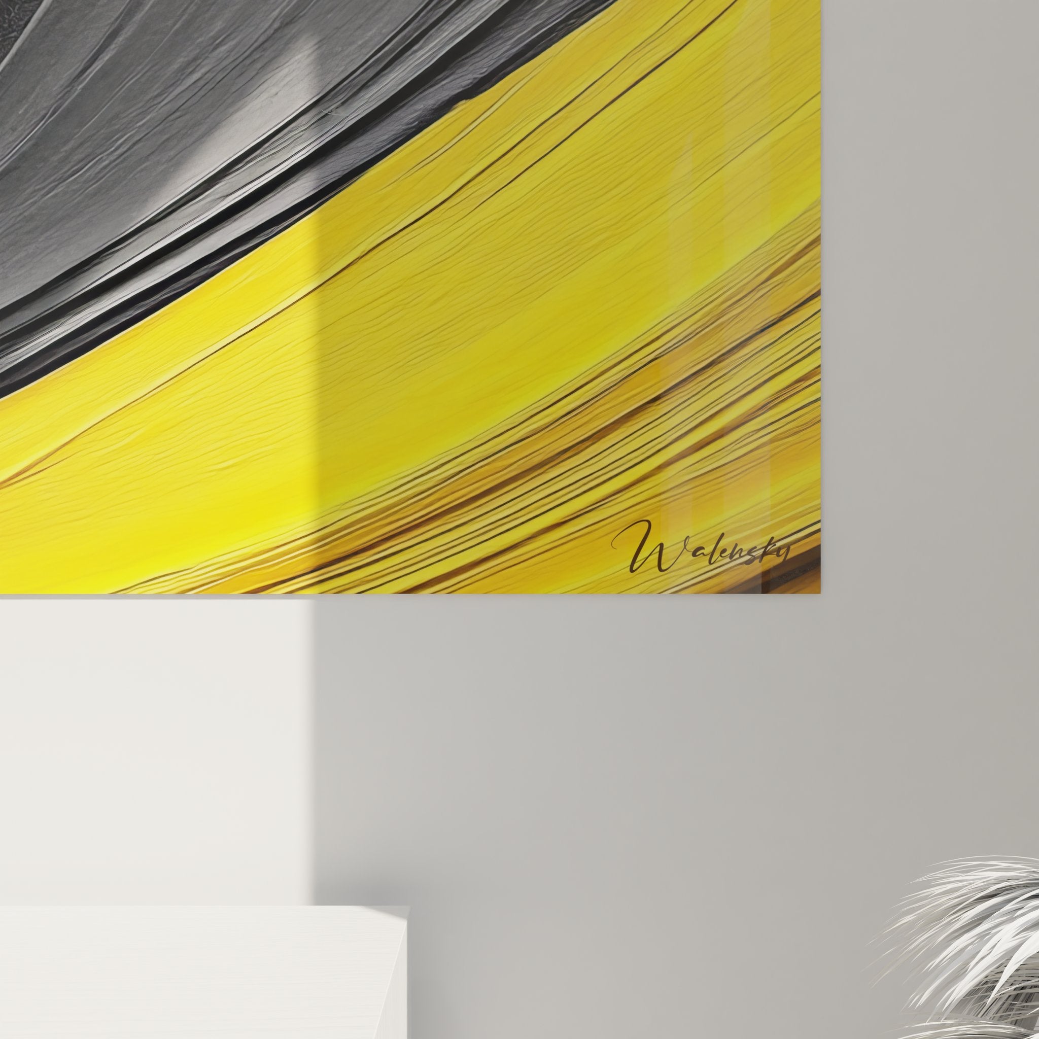 Vue ensemble tableau spirale abstraite jaune décoration murale art moderne tourbillon