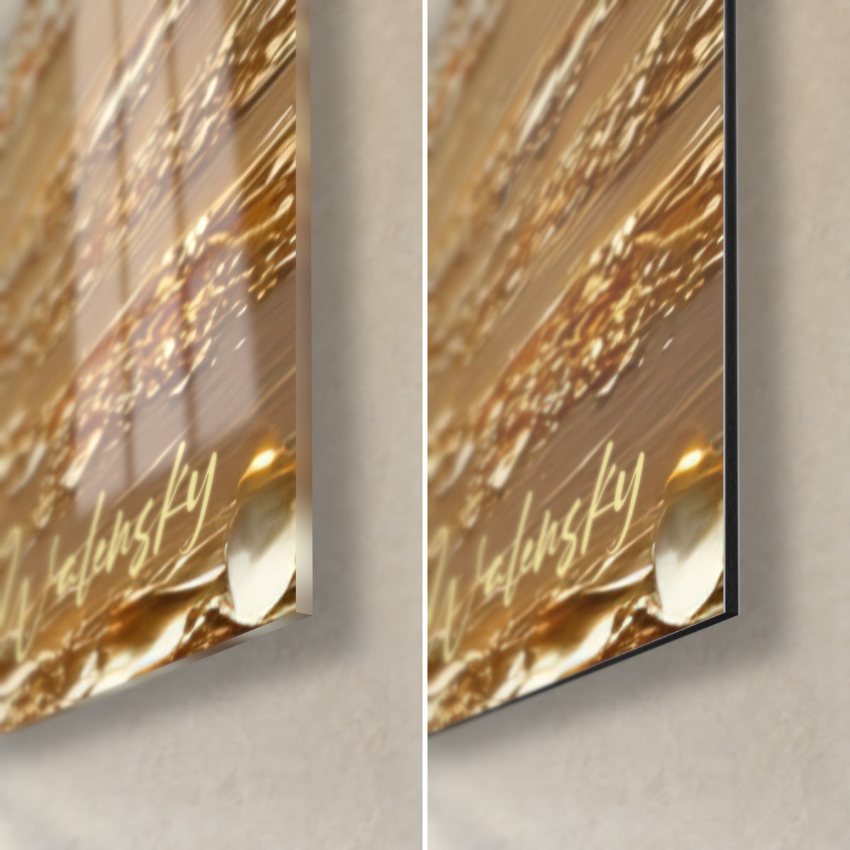 Cuadro ola dorada en espiral, detalle de la esquina inferior derecha: cristal brillante con reflejos ámbar a la izquierda, Dibond de aluminio mate crema a la derecha, canto de 3 mm