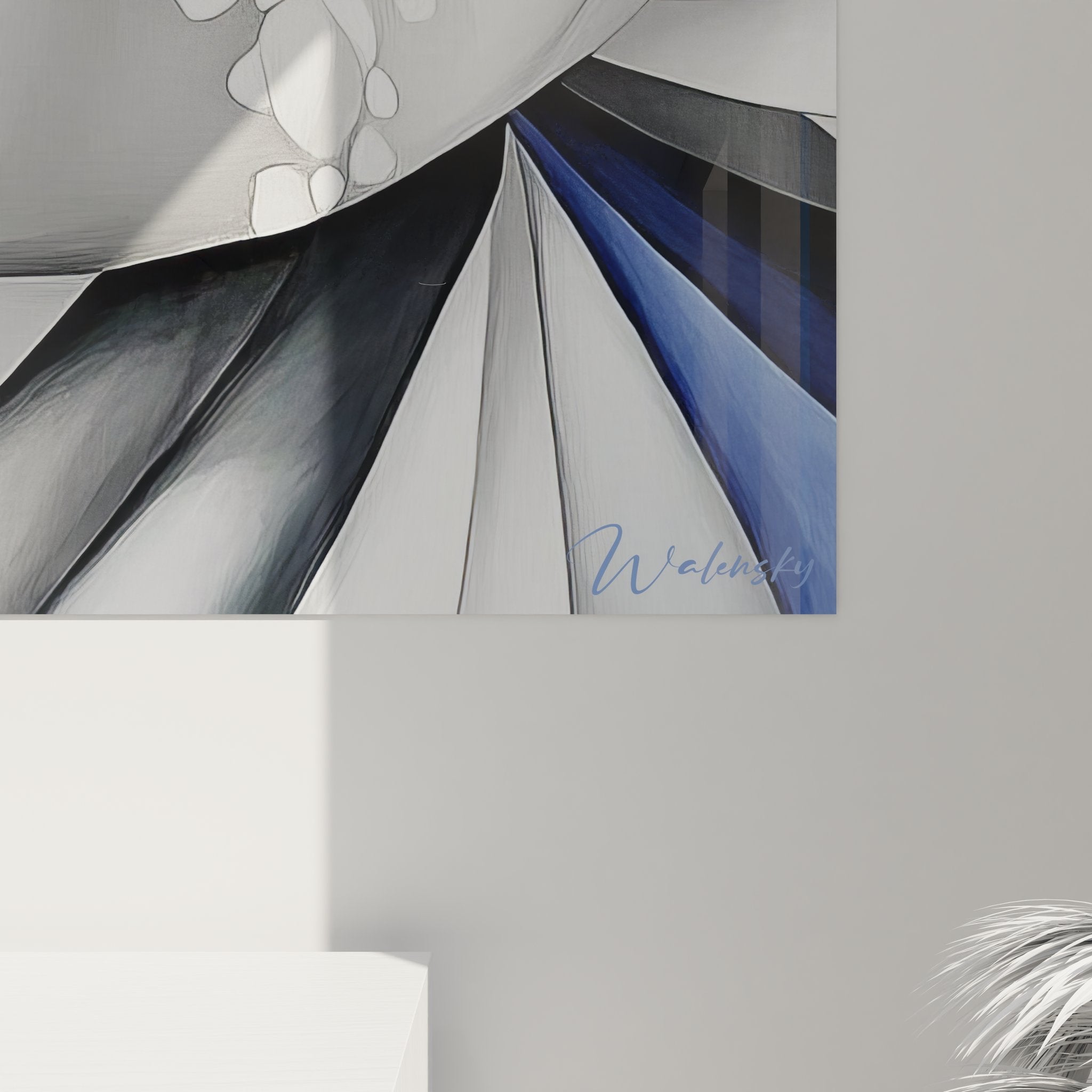 Vue d'ensemble tableau spirale dynamique sur mur blanc avec perspective et éclairage naturel