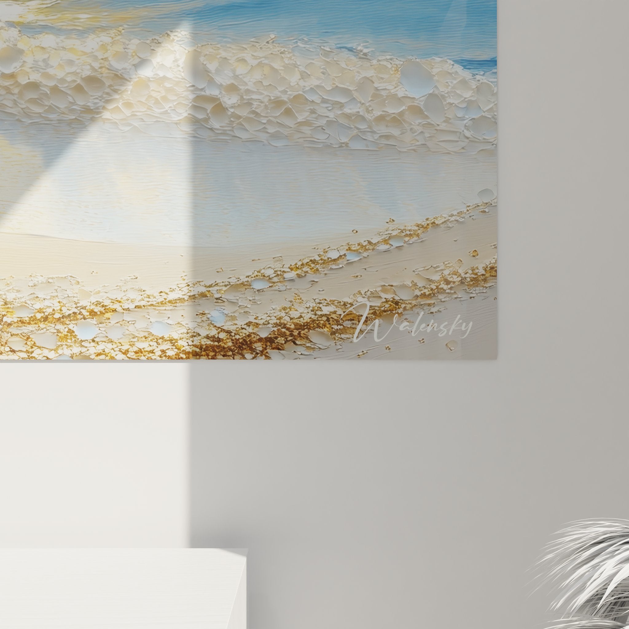 Vue ensemble tableau mural spirale océan dorée, art abstrait moderne vague coucher soleil