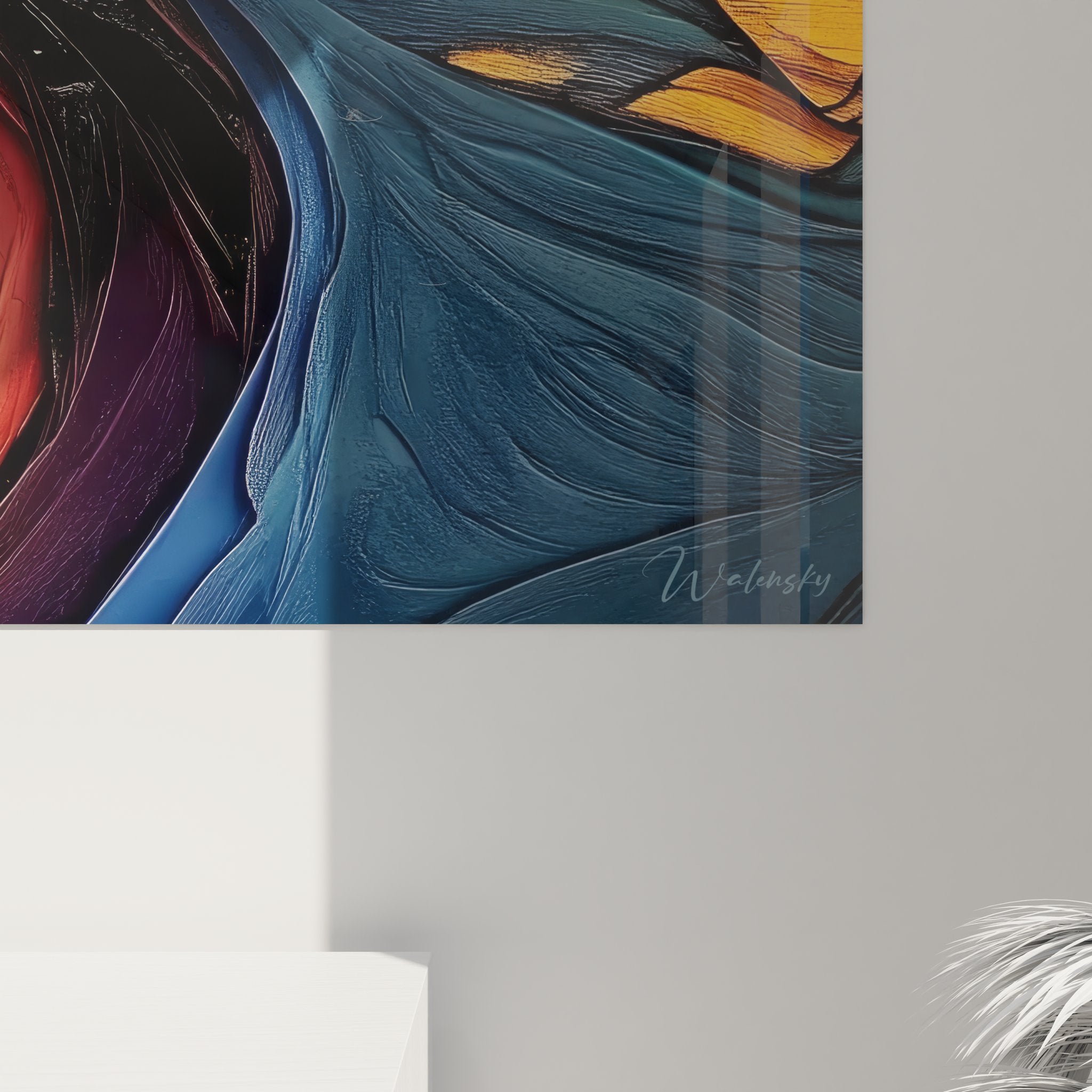 Vue ensemble tableau mural spirale tourbillon format panoramique art abstrait décoration intérieure