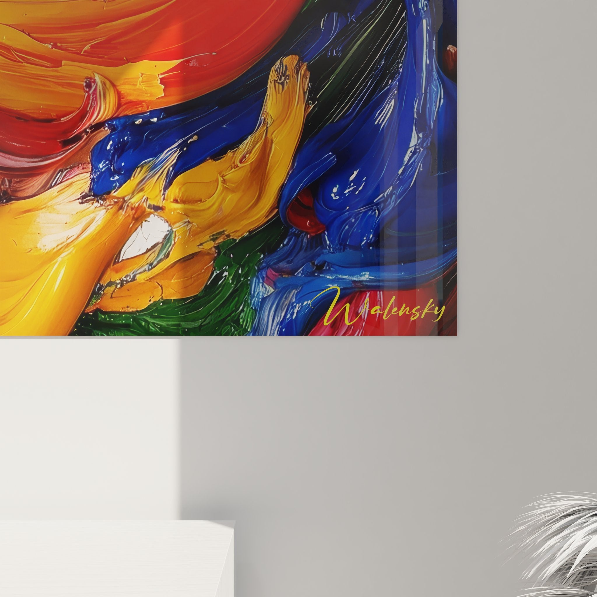 Vue ensemble tableau spirale multicolore abstraite format vertical avec tourbillon artistique coloré