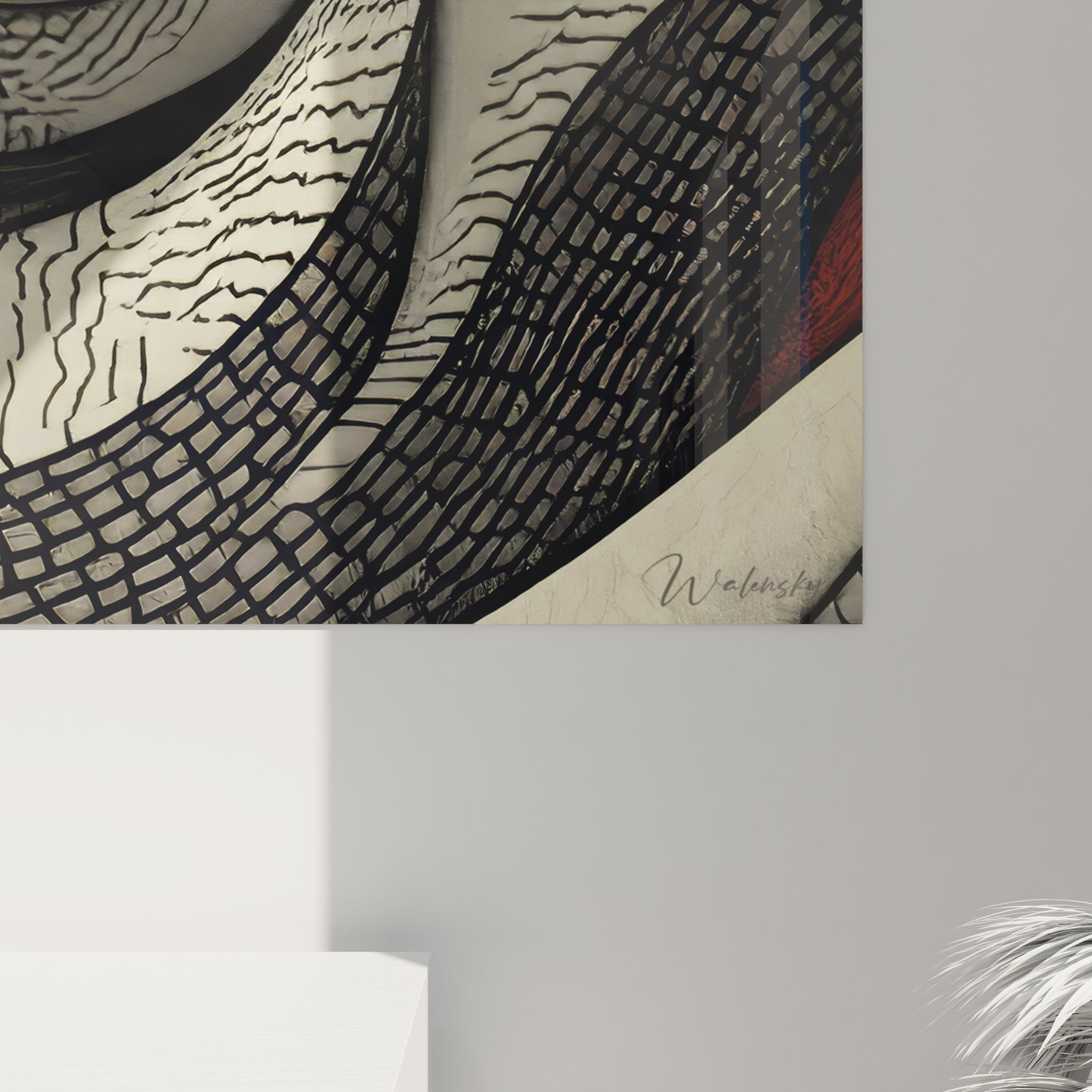 Vue ensemble tableau mural spirales abstraites, art contemporain beige et gris pour décoration