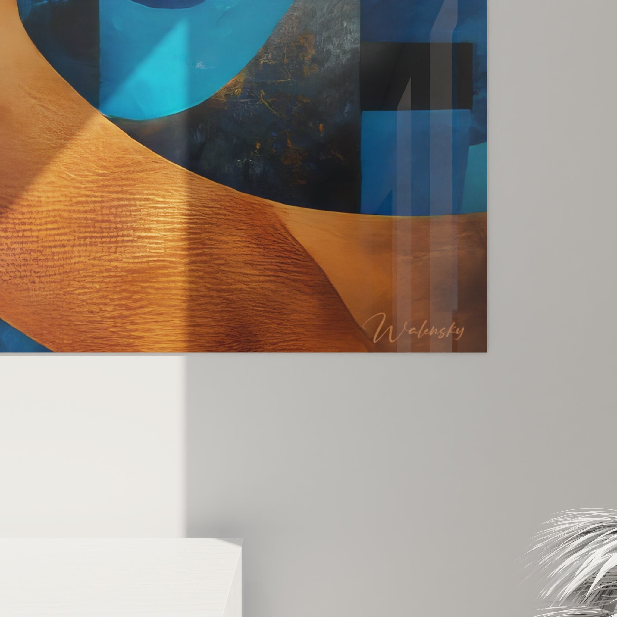 Vue ensemble tableau mural géométrique, composition spiralée abstraite orange bleu pour intérieur moderne