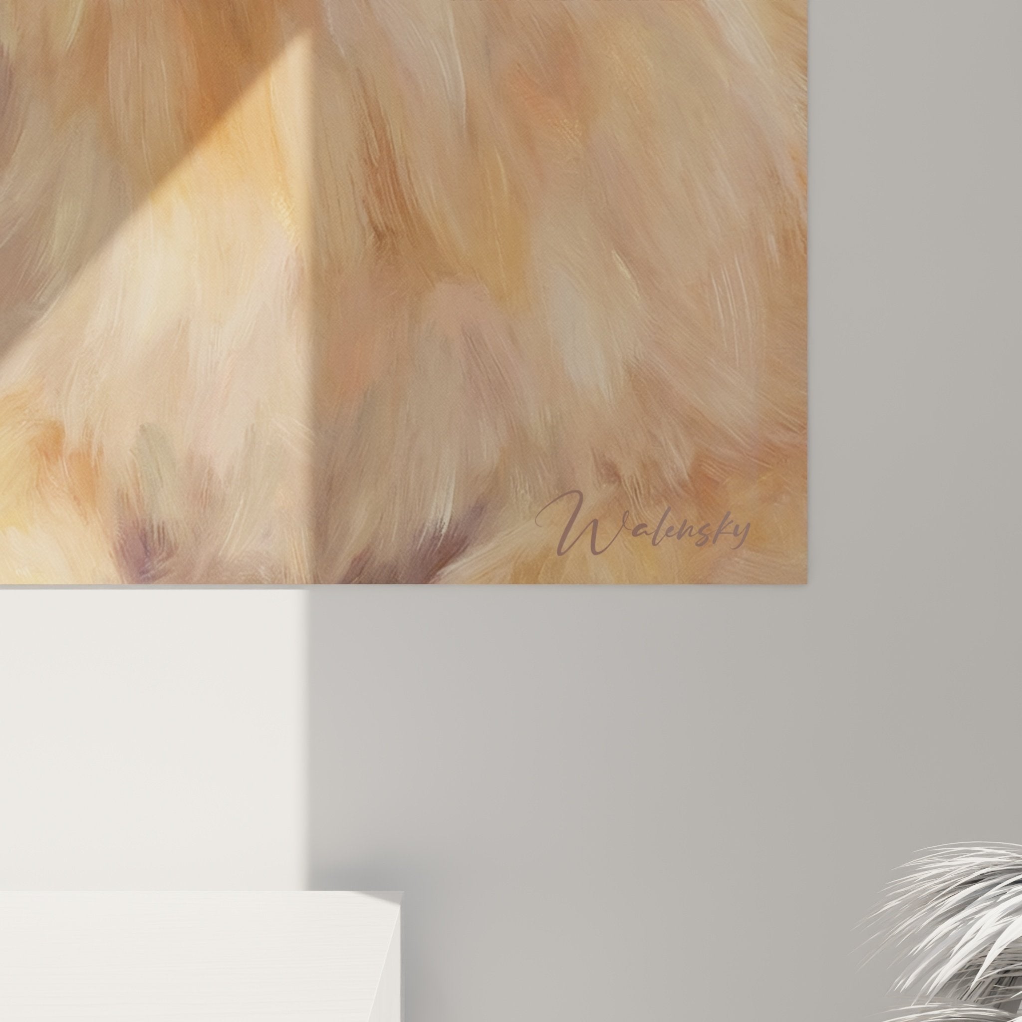 Übersicht des Gemäldes Spitz Pomeranians in einem zeitgenössischen Interieur mit natürlichen Tönen