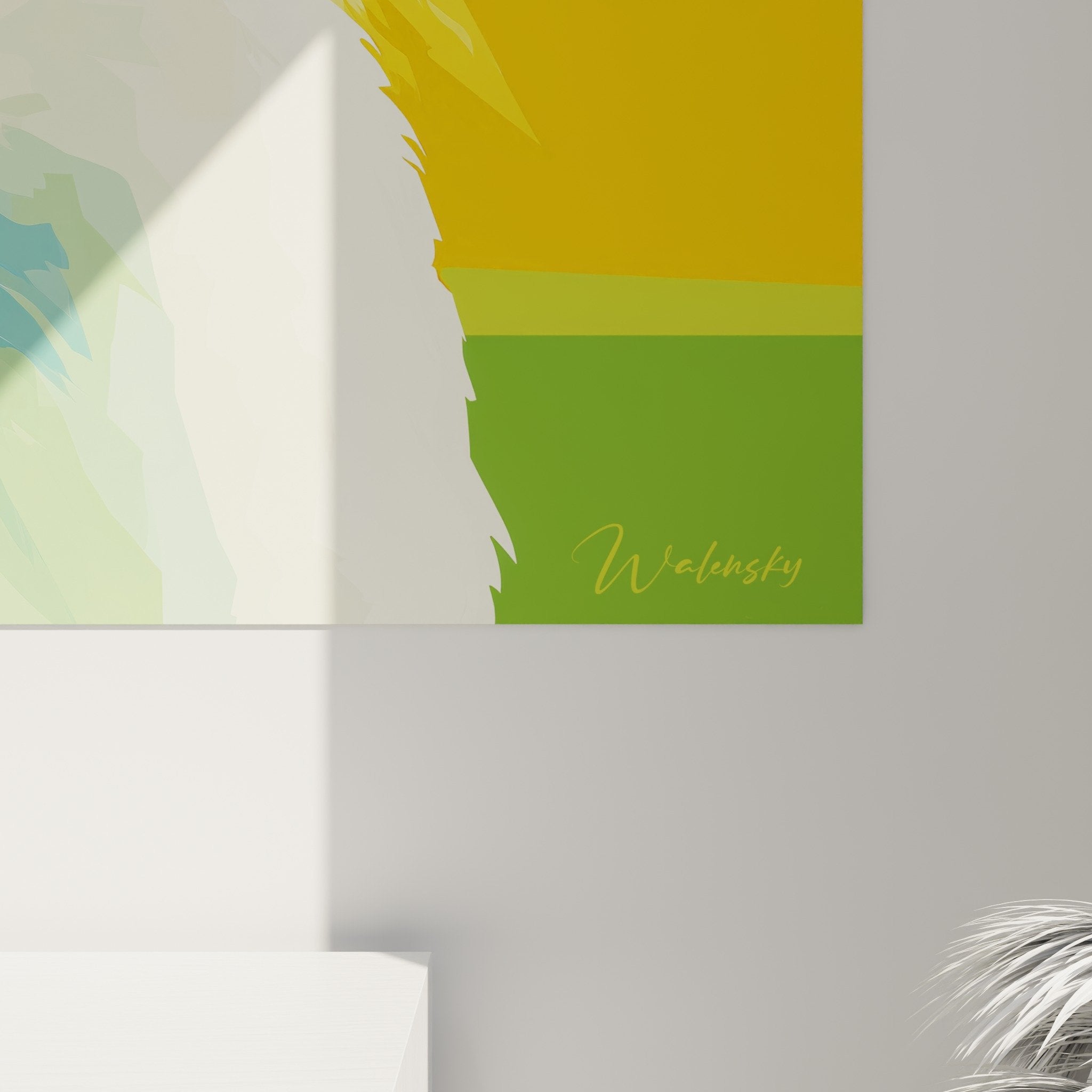 Vue d'ensemble tableau mural Spitz Japonais coloré dans intérieur contemporain, art décoratif moderne