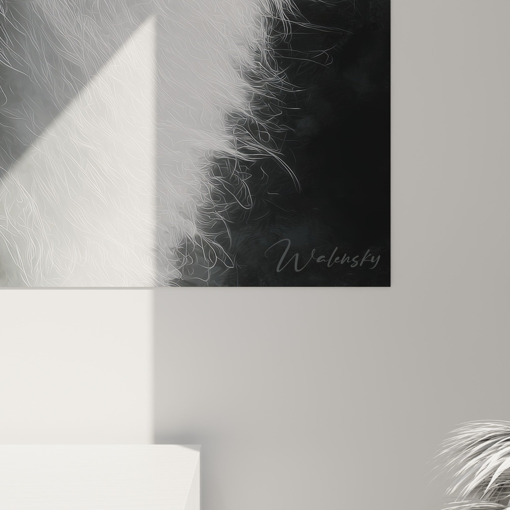 Vue d'ensemble du tableau Spitz Japonais noir et blanc, format vertical pour décoration intérieure raffinée