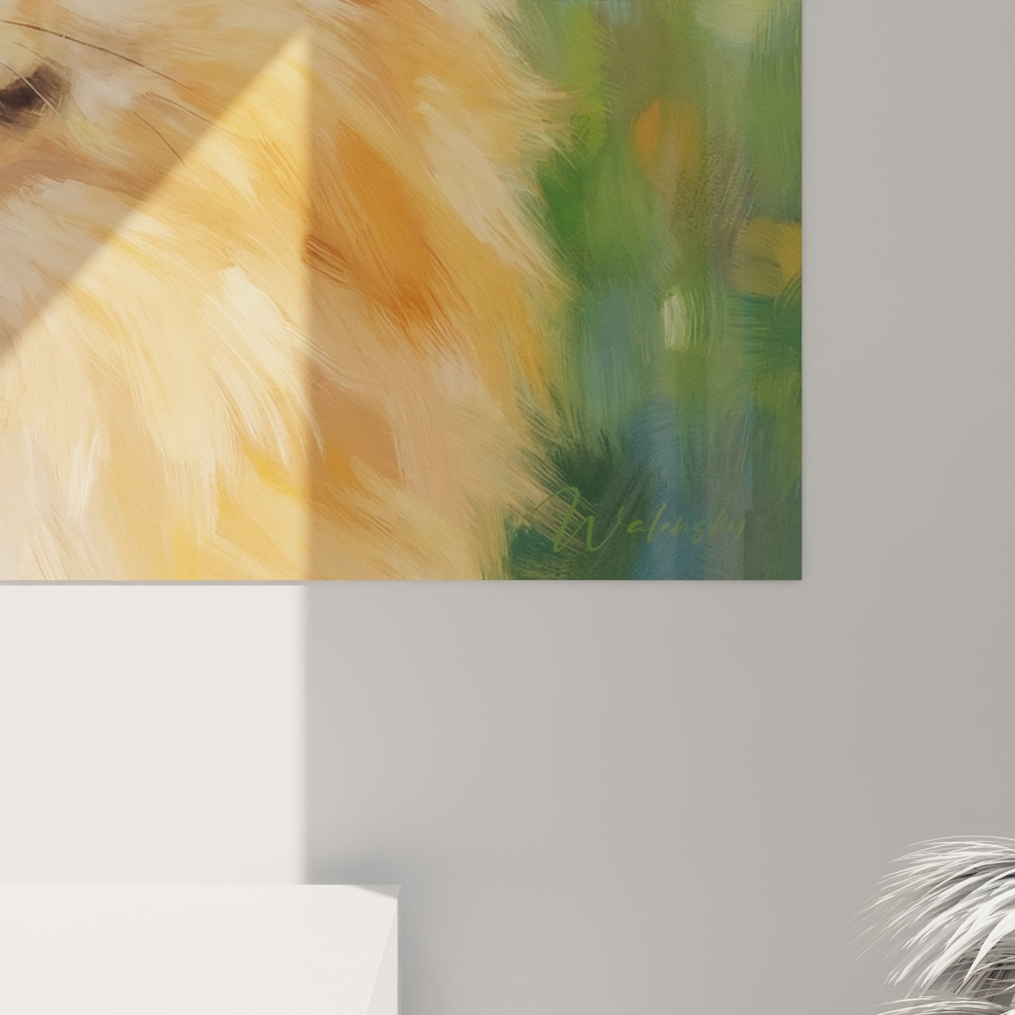 Vue d'ensemble tableau mural Spitz Poméranien orange, œuvre d'art animalière pour décoration intérieure moderne