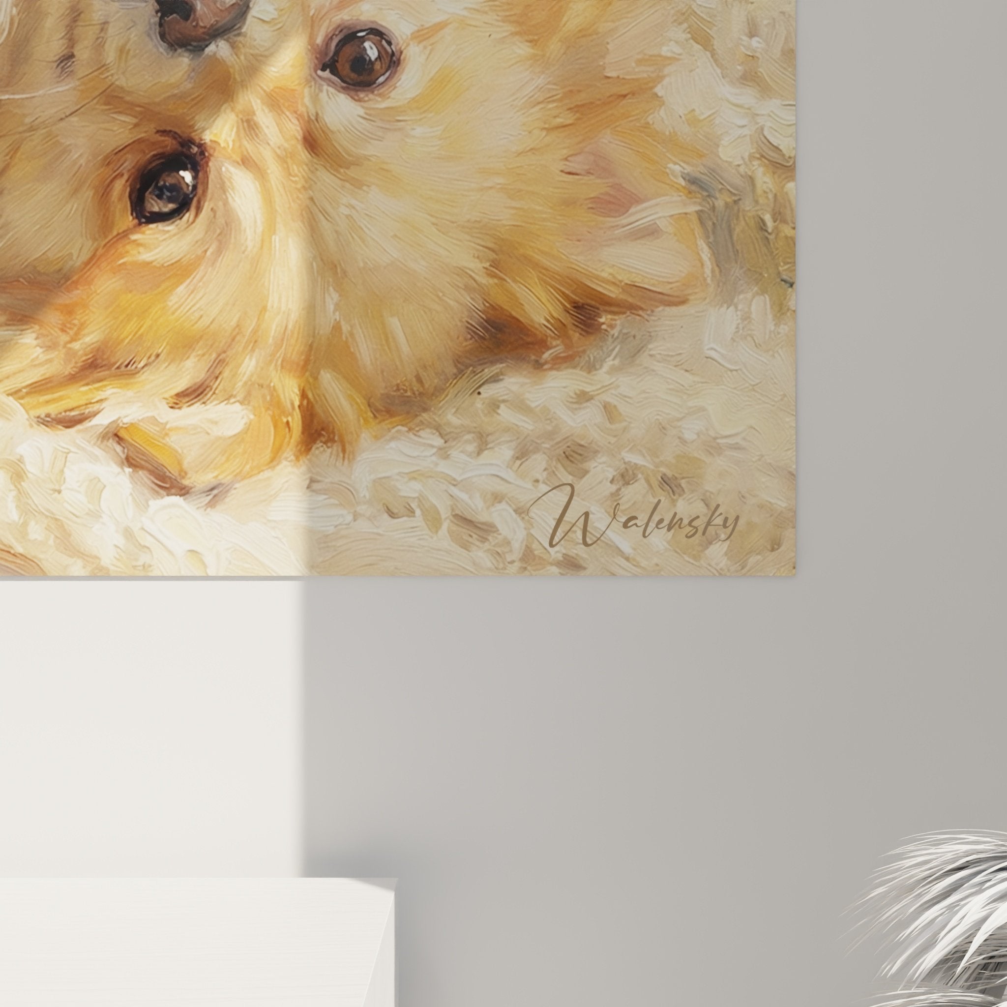 vue ensemble tableau spitz pomeranien salon decoration murale tons naturels chaleureux