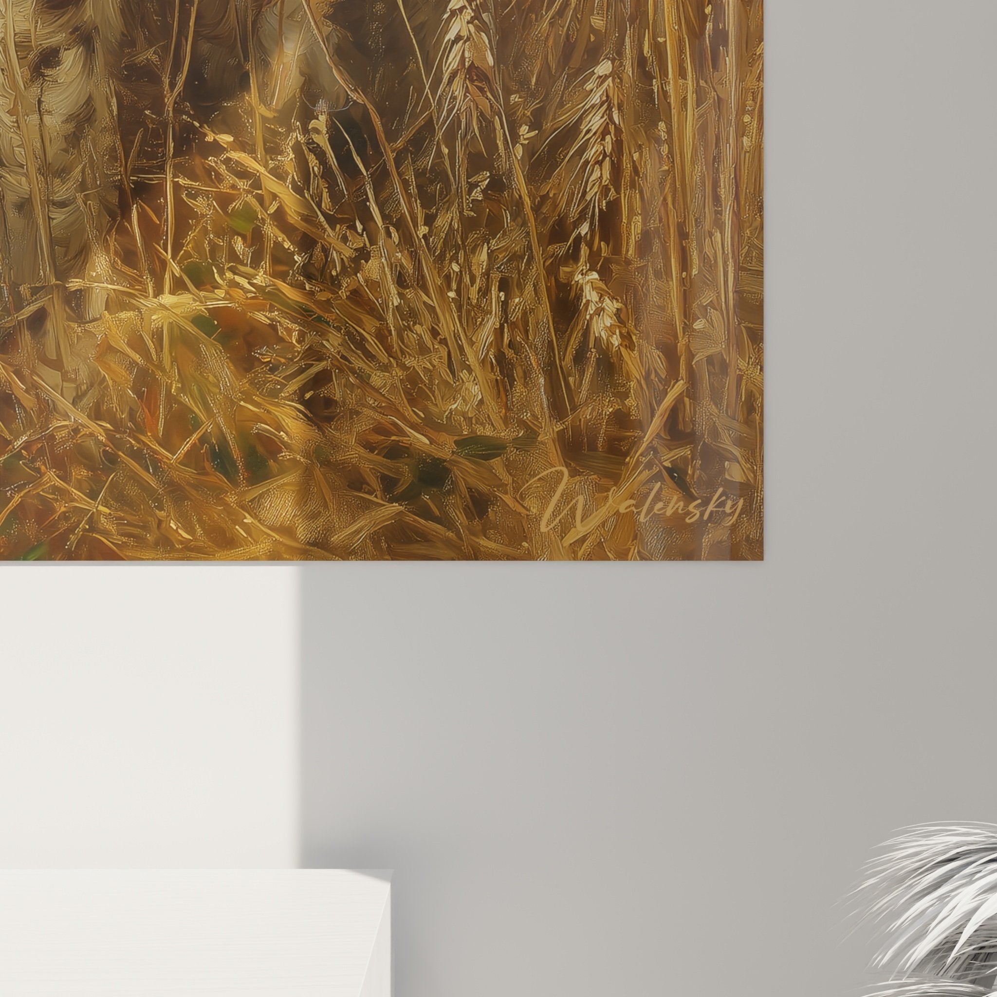 Vue d'ensemble tableau mural Springer Anglais paysage rural, lumière dorée couchant, décoration murale chien