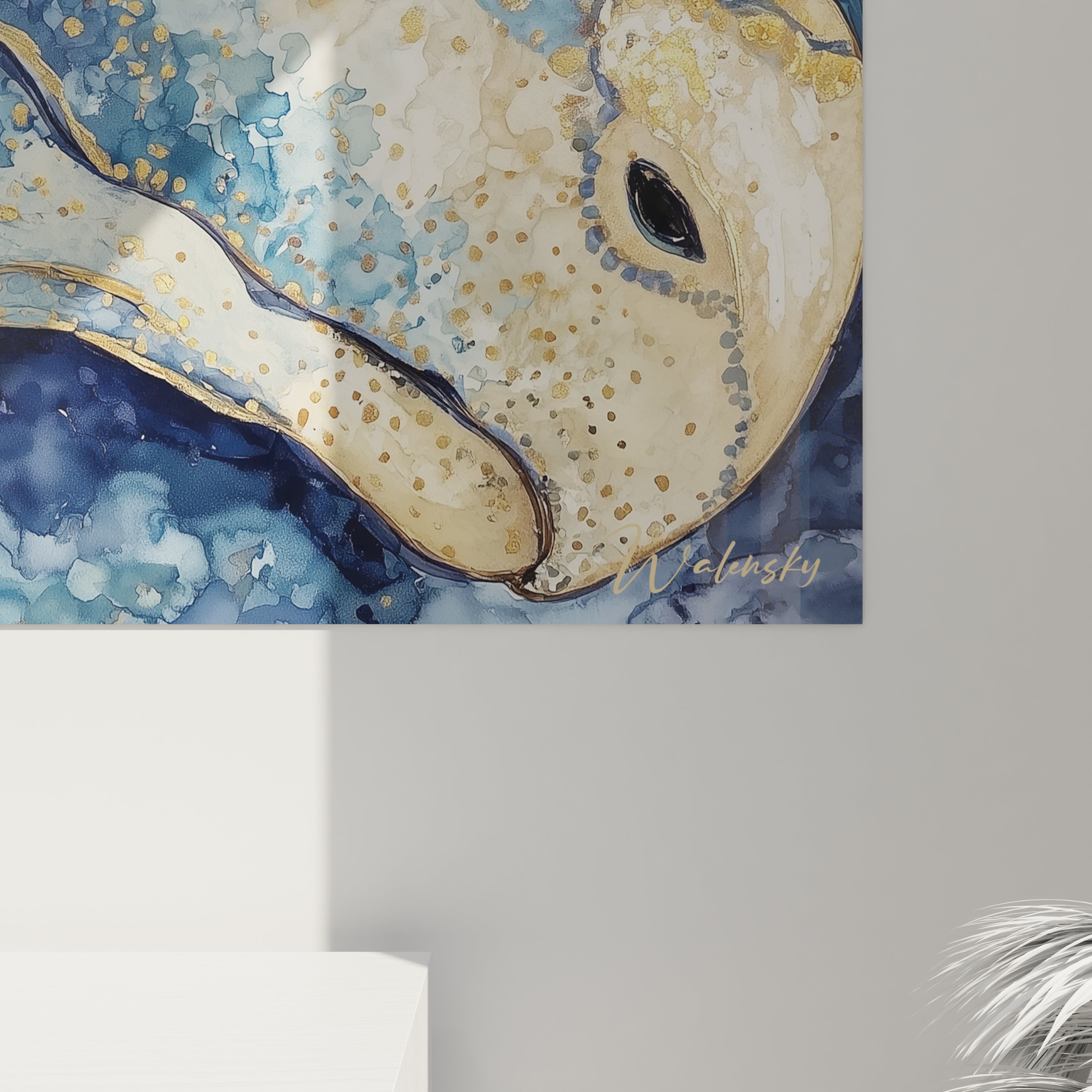 Vue ensemble tableau stégosaure doré décoration murale dinosaure art décoratif salon moderne