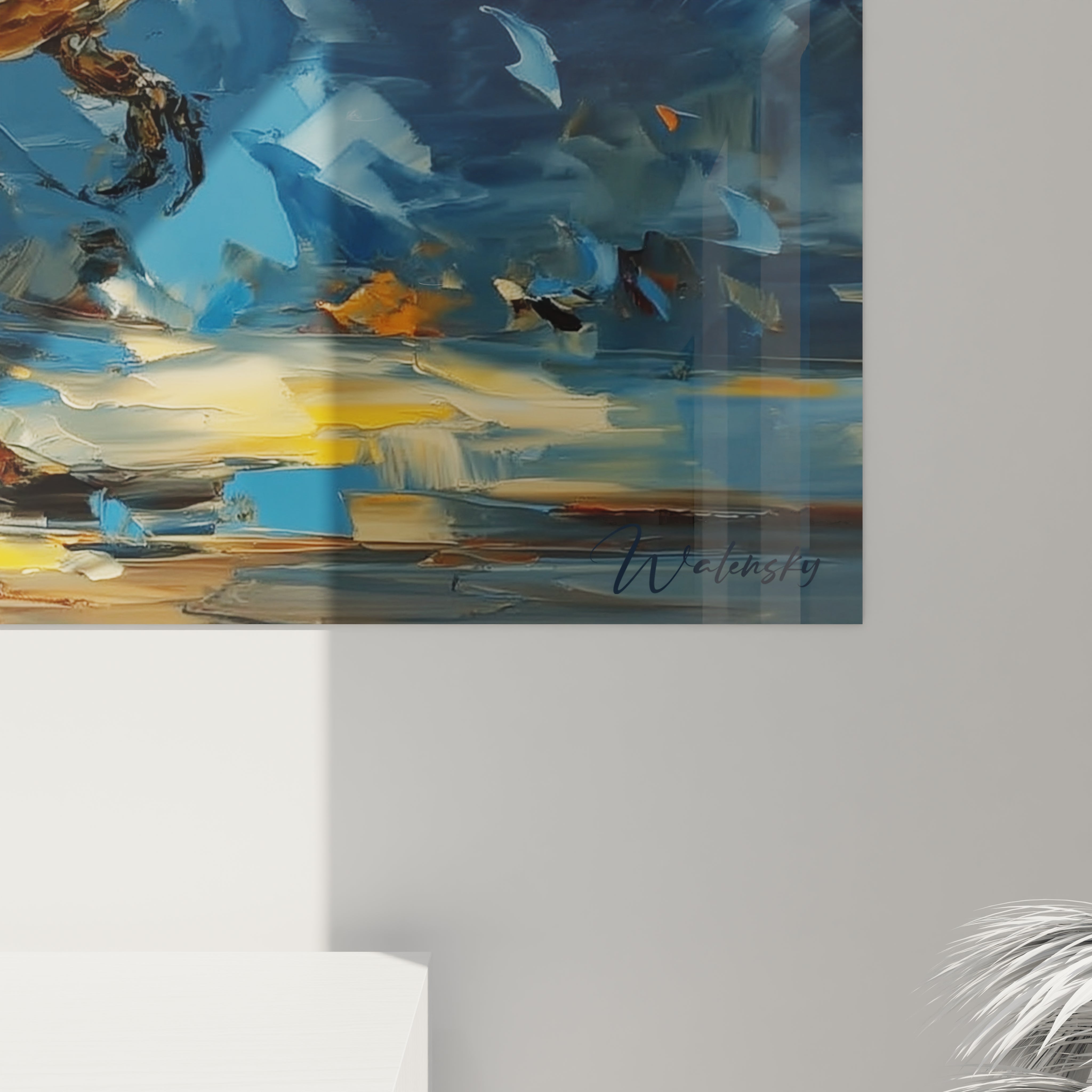 Vue ensemble tableau T-Rex palette knife art mural dinosaure décoration moderne