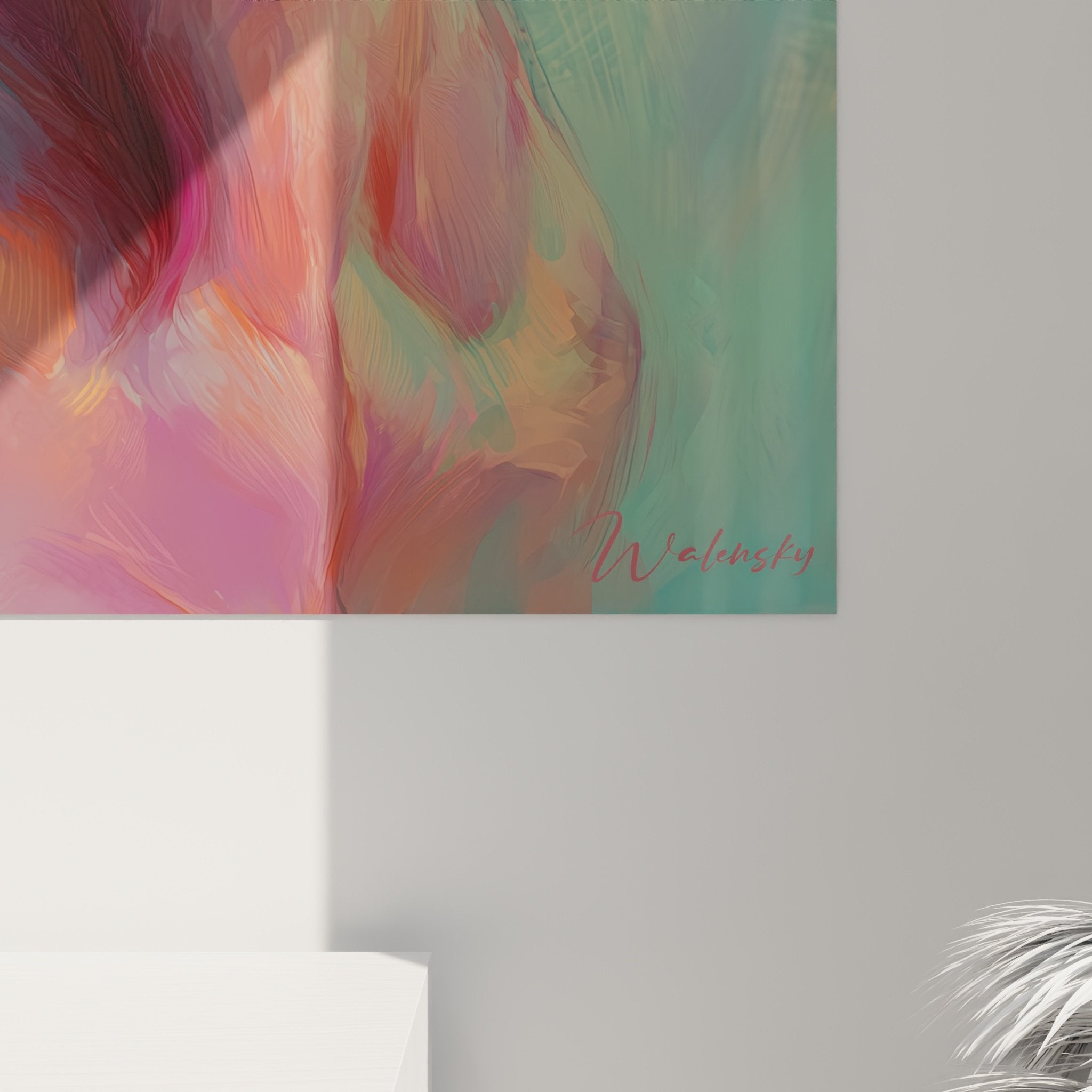 Vue d'ensemble tableau teckel irisé, œuvre d'art animalier moderne, palette chromatique douce