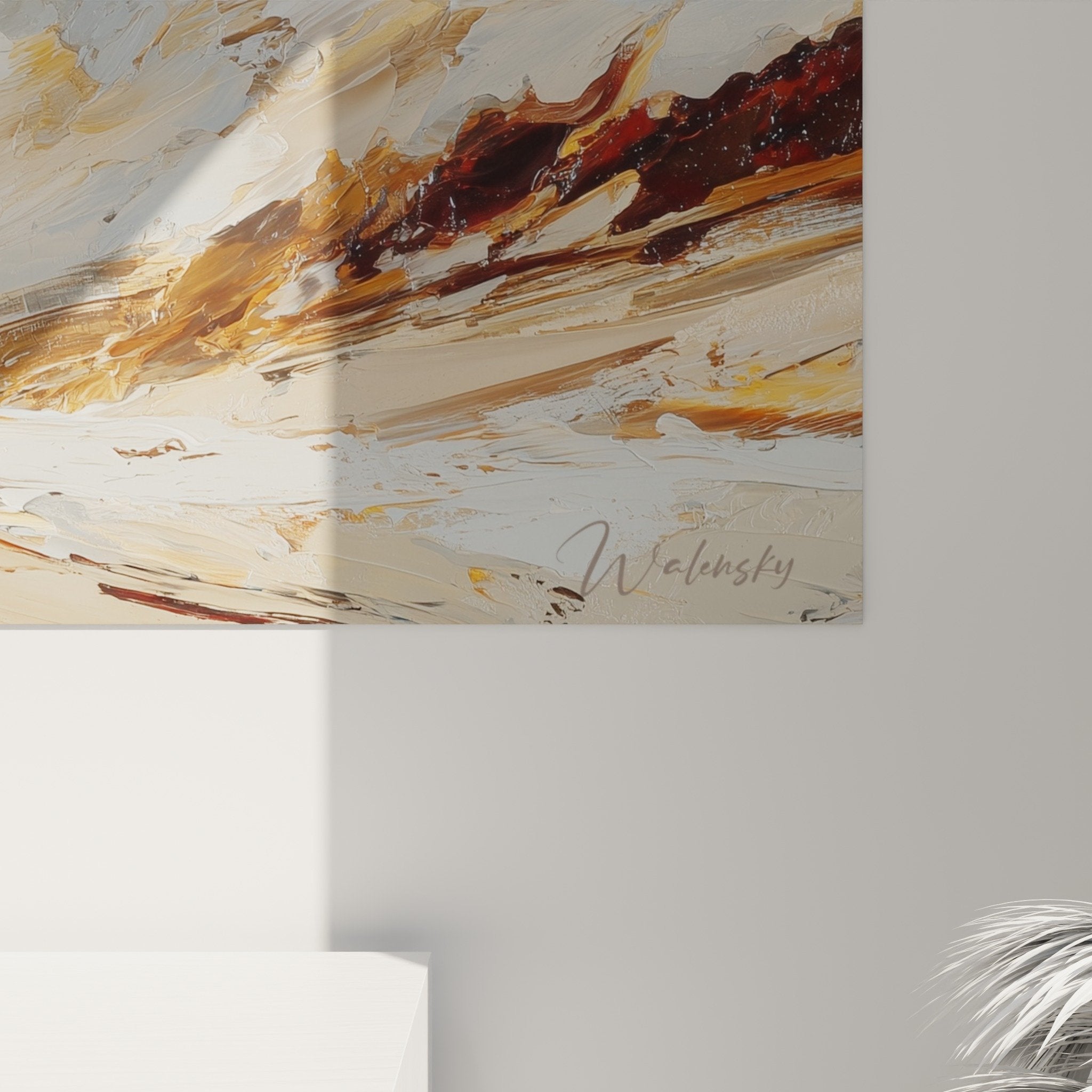 Overview of abstract golden storm painting in contemporary interior feng shui harmonization
