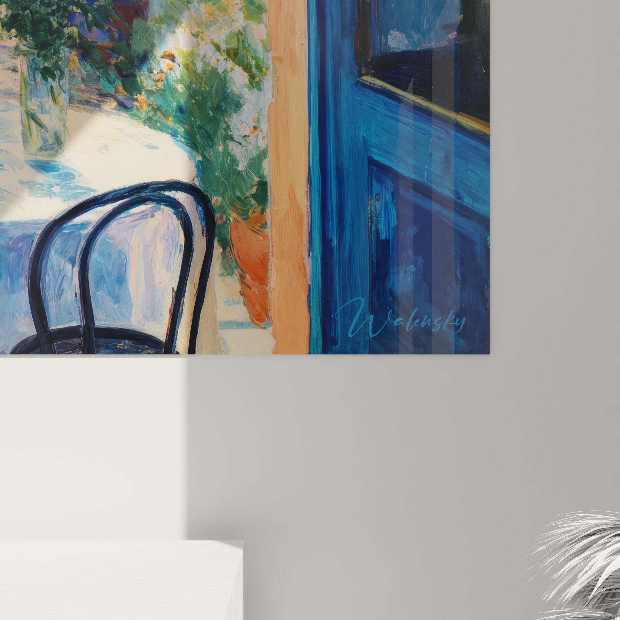 Vue ensemble tableau terrasse provençale, pergola végétale et portes bleues, décoration murale jardin