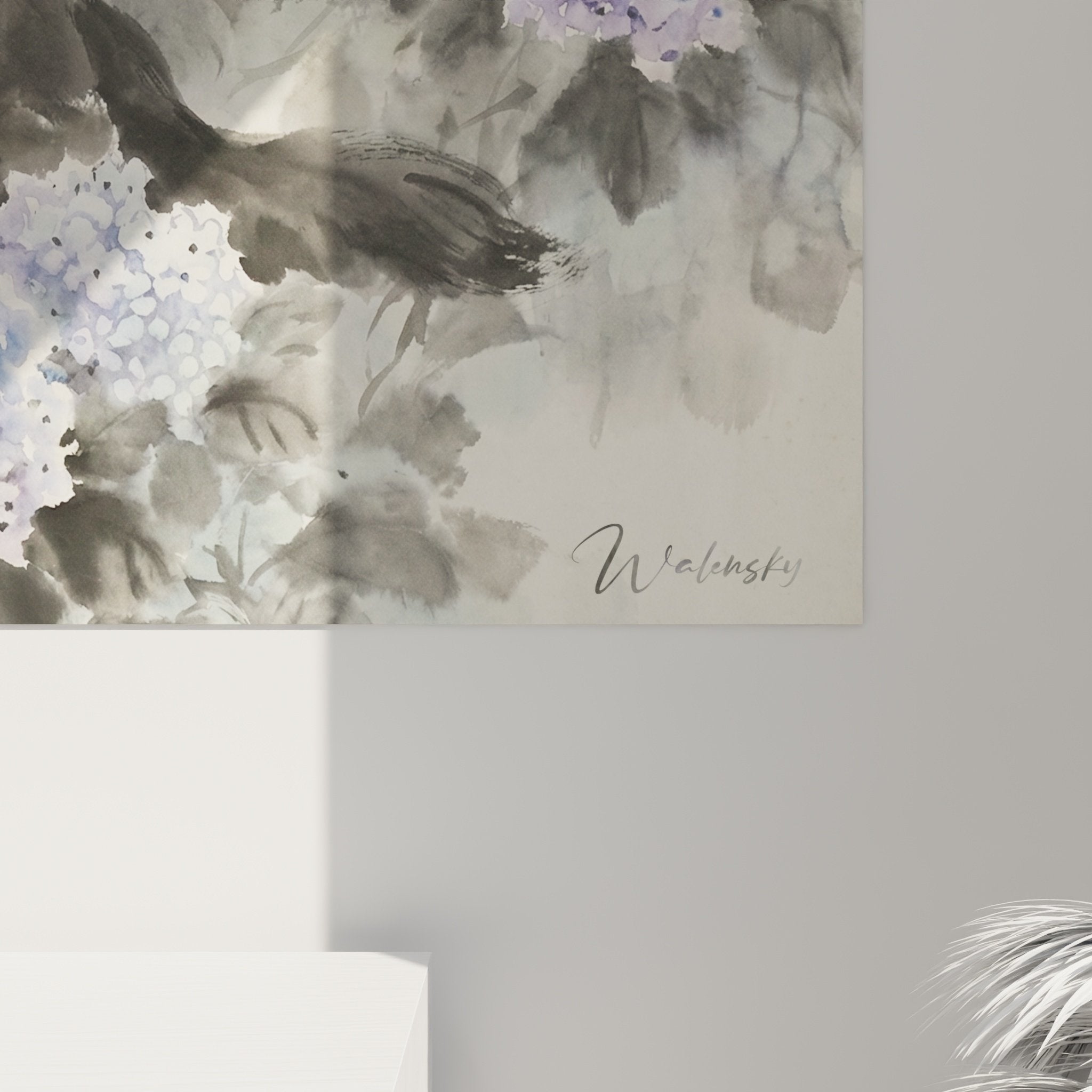 Vue d'ensemble tableau mural Terre Neuve aux hortensias tons poudrés décoration