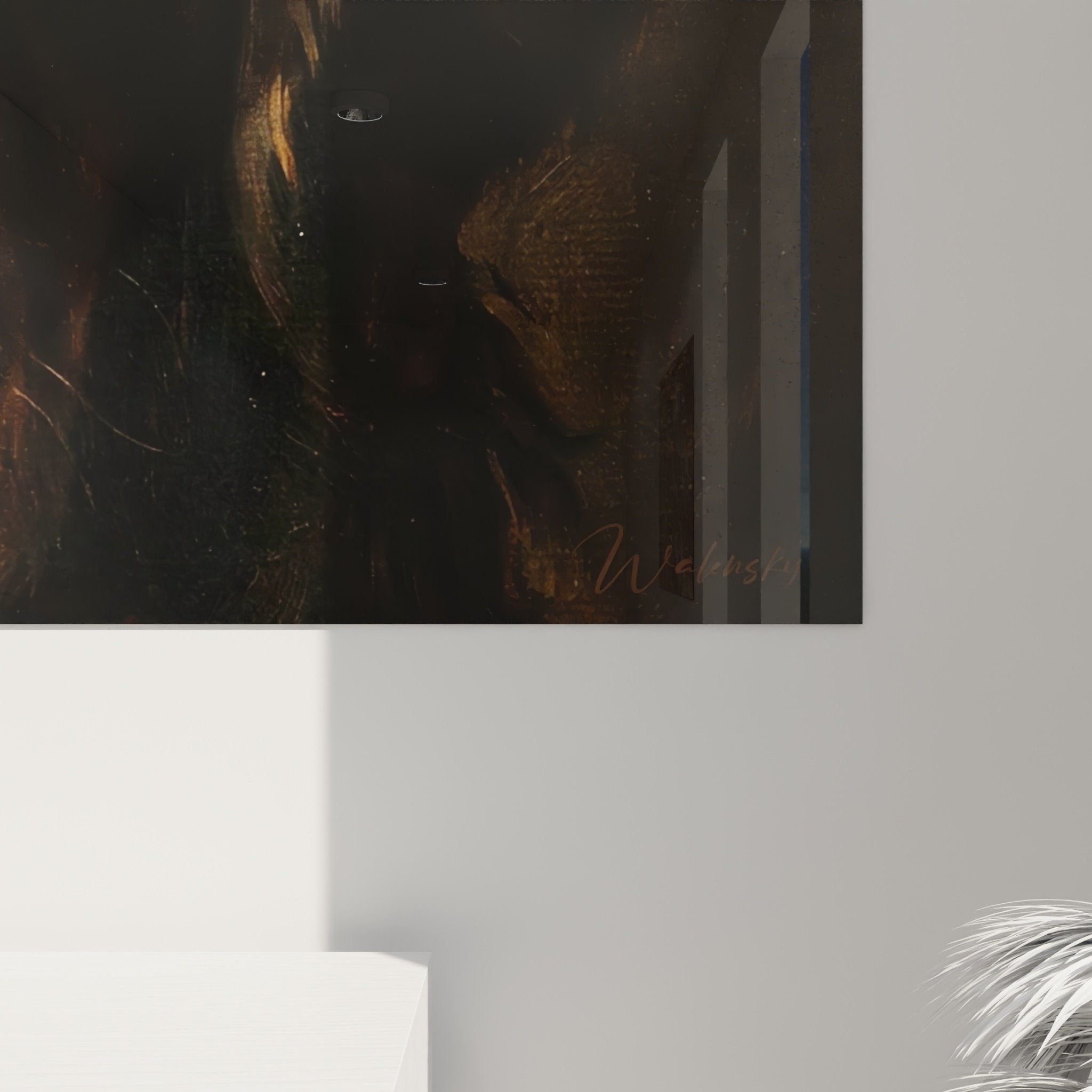 Overview wall art Newfoundland, melancholic dog portrait, interior decoration warm tones