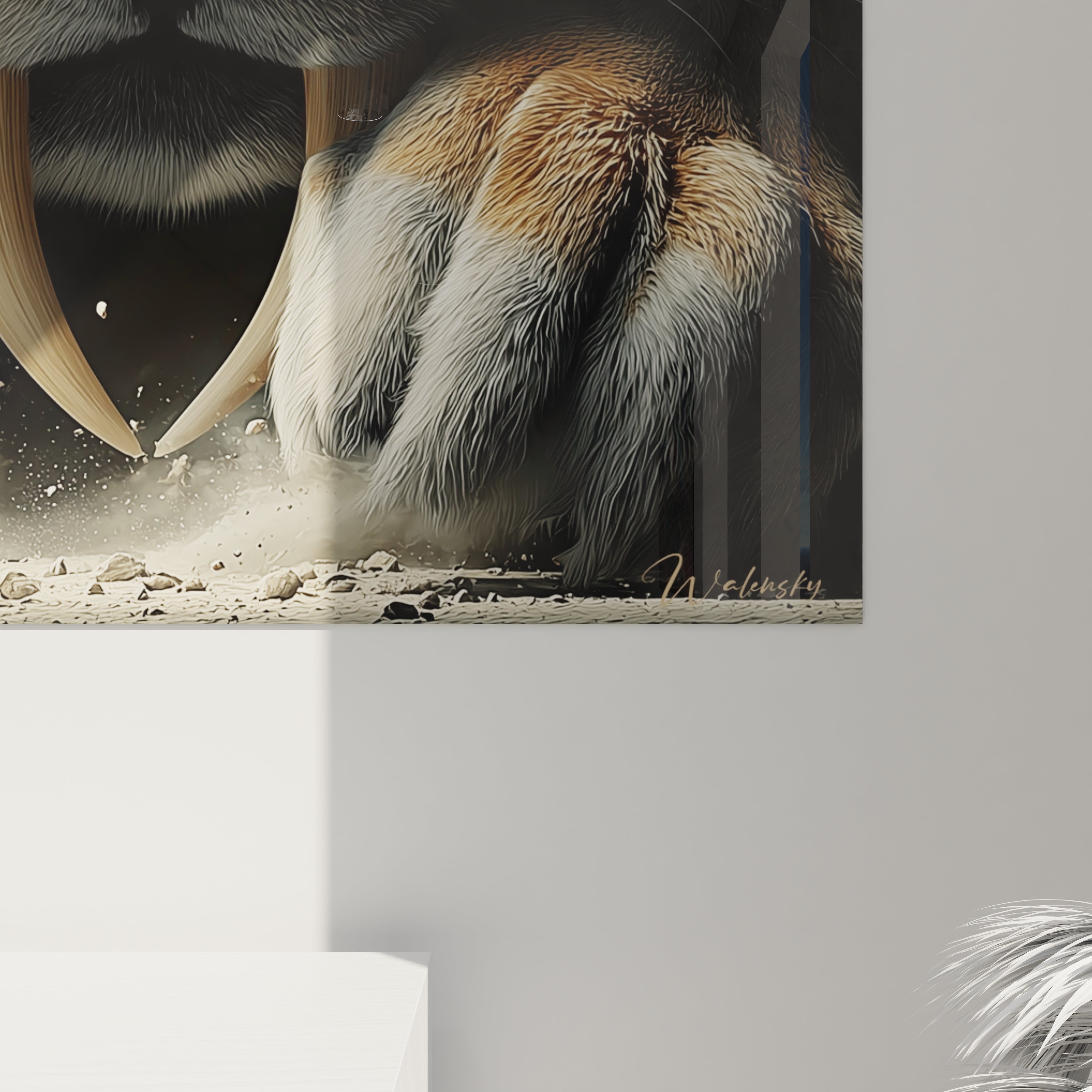 Vue ensemble tableau mural tigre dents sabre Smilodon préhistorique décoration intérieure moderne