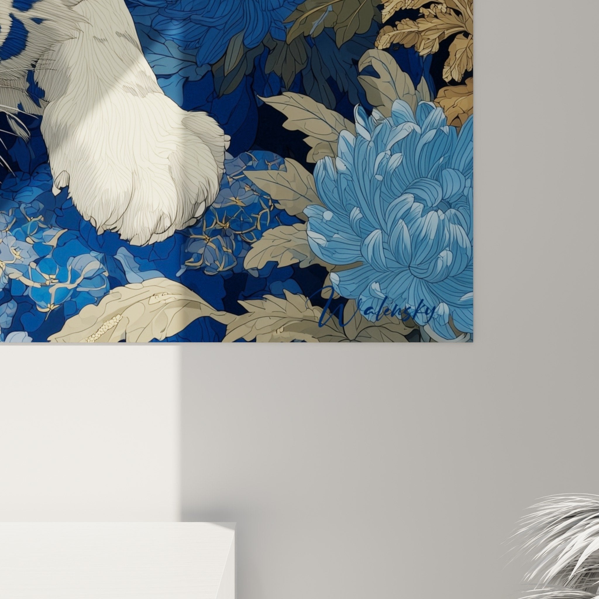 Overview of the Japanese floral tiger wall art in a contemporary interior