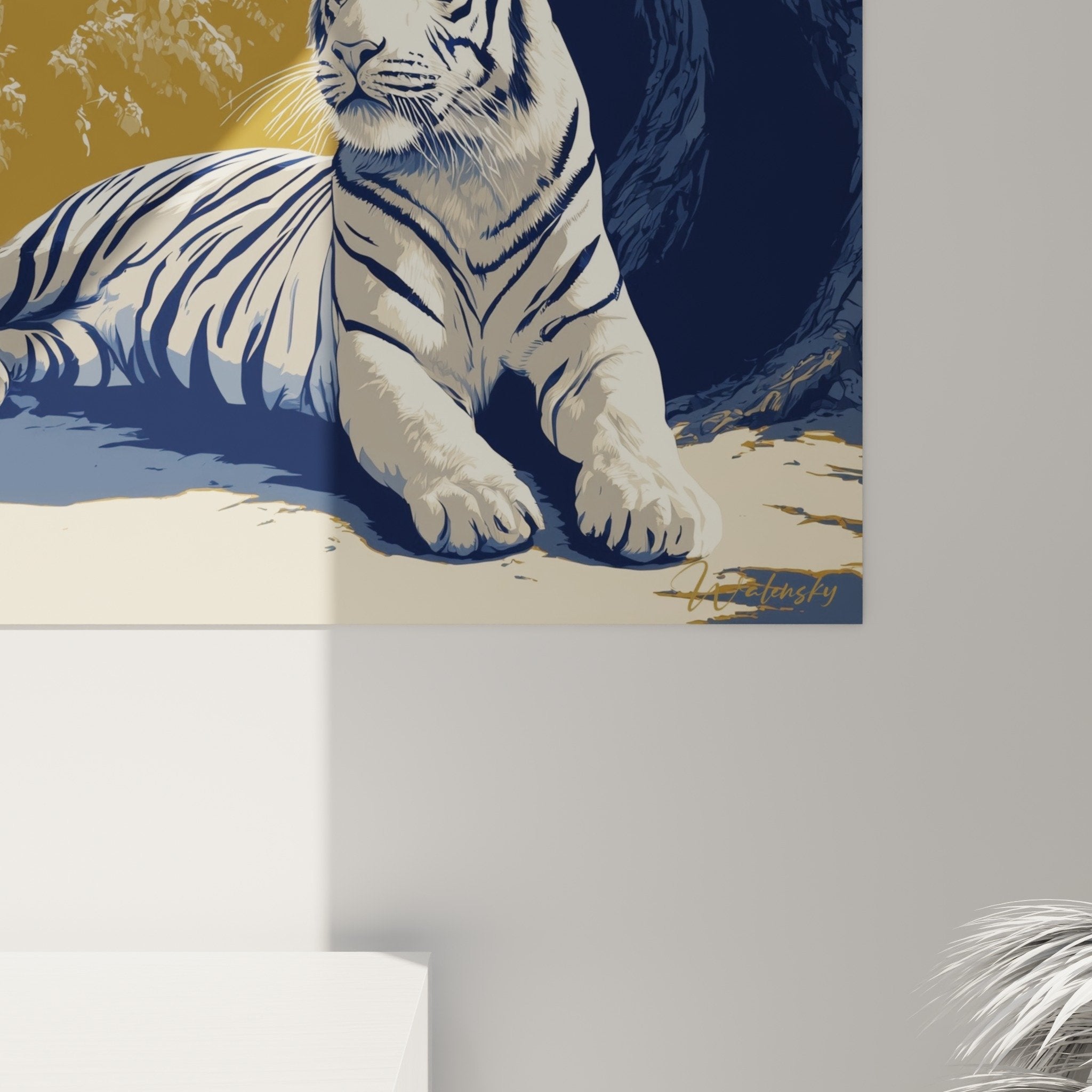Vue d'ensemble tableau tigre blanc paysage rocheux, œuvre décorative style oriental tons dorés bleus
