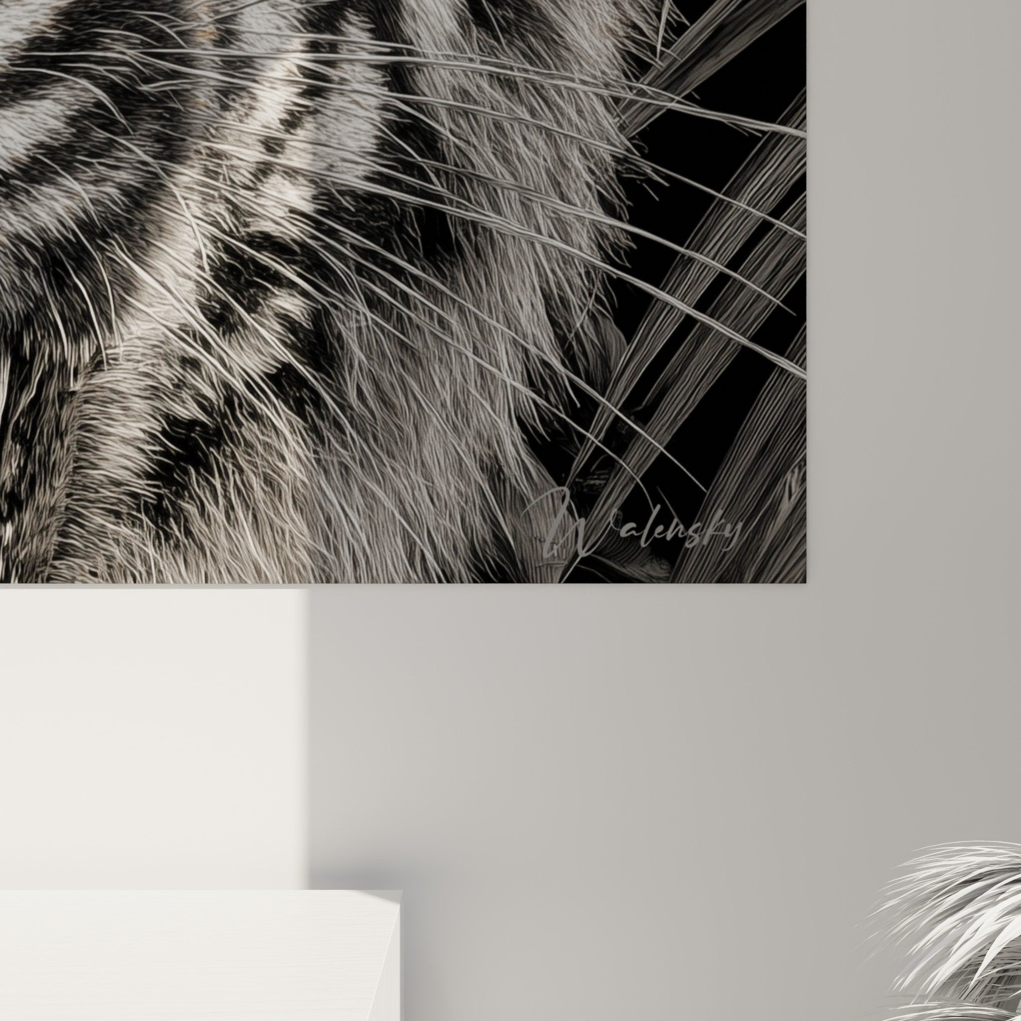 Überblick über das Tigerbild im zeitgenössischen Wohnzimmer, das die dekorative Integration von tierischer Wandkunst zeigt