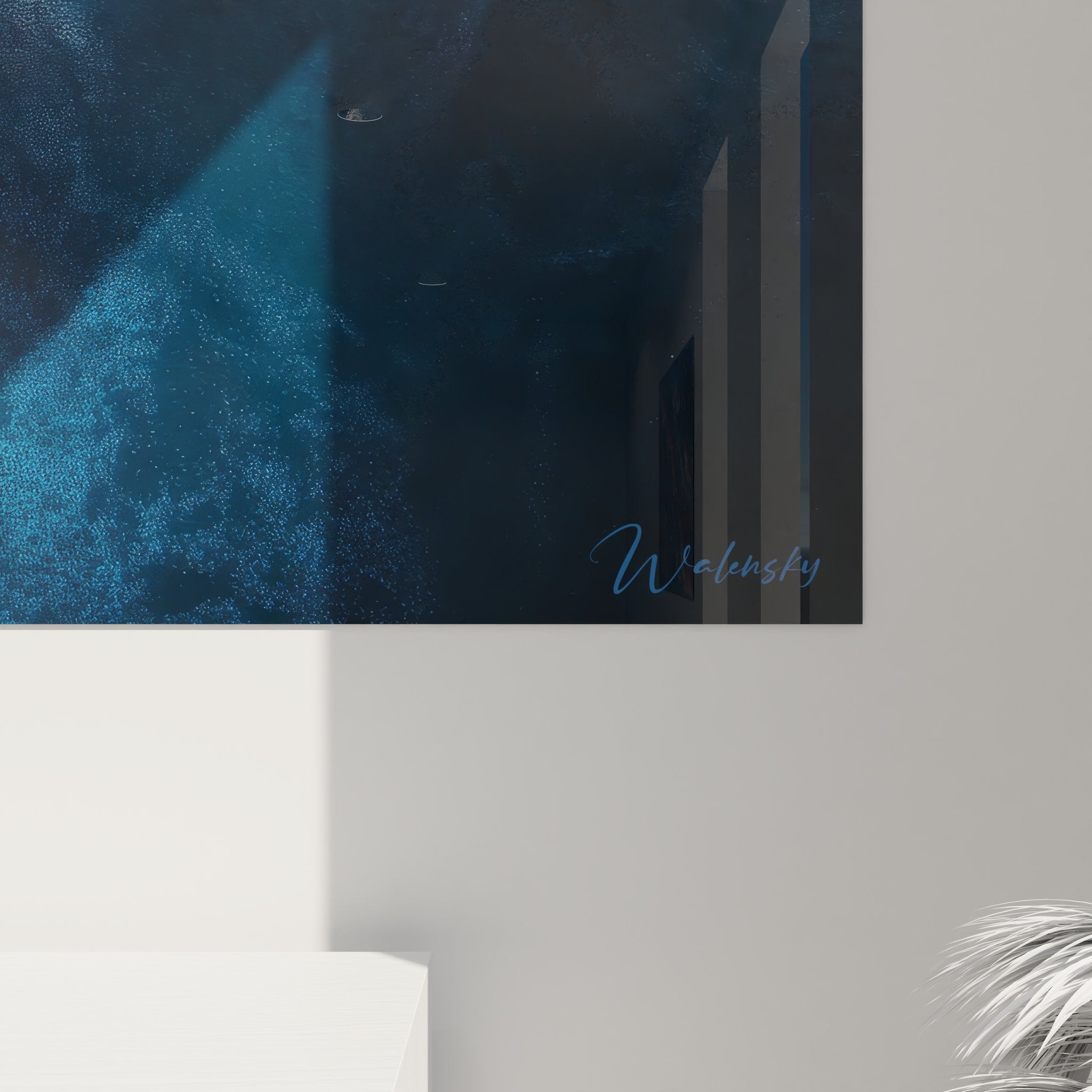 Vue ensemble tableau mural tissu fluide abstrait orange bleu décoration intérieure moderne