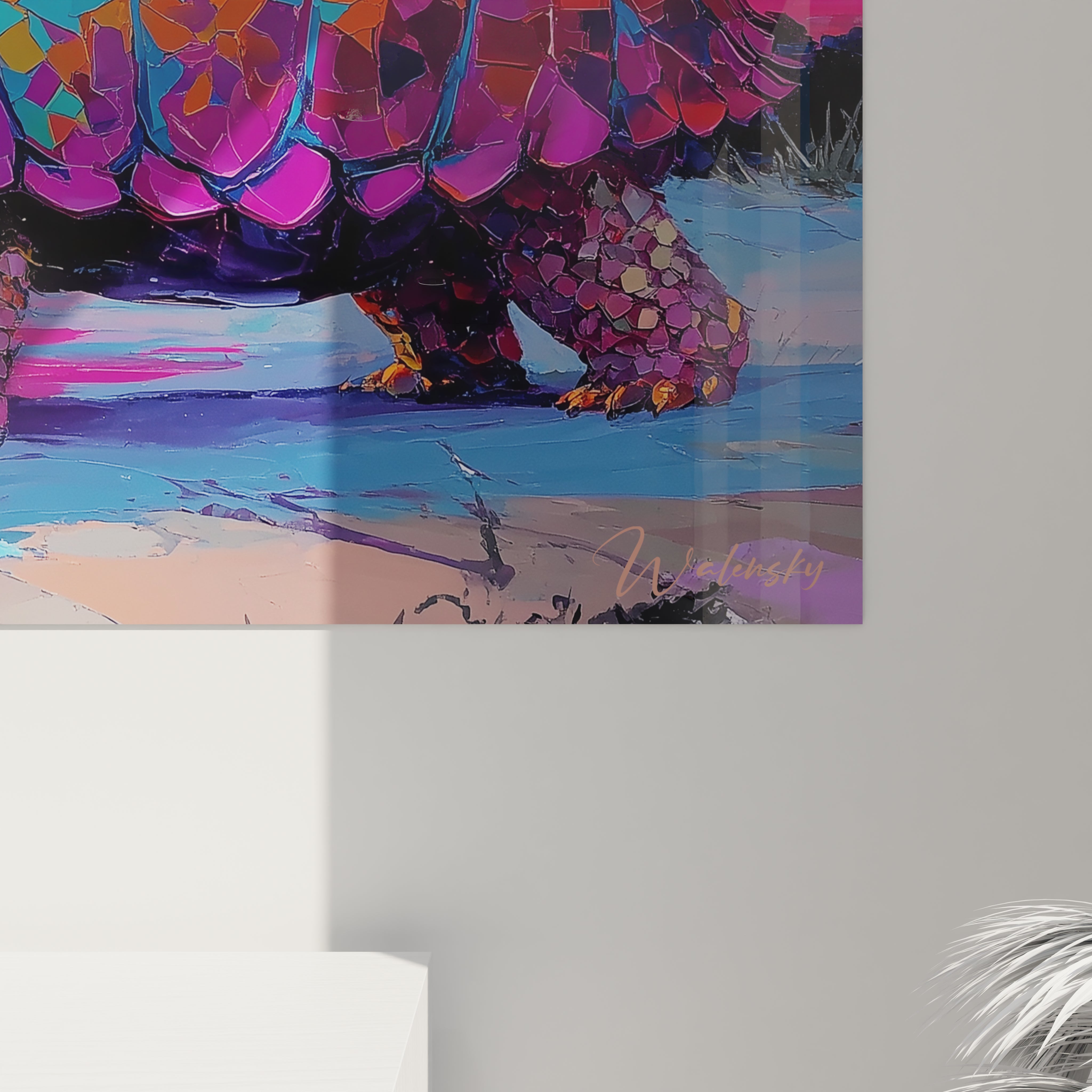 Vue ensemble tableau mural tortue préhistorique paysage crépuscule océan coloré