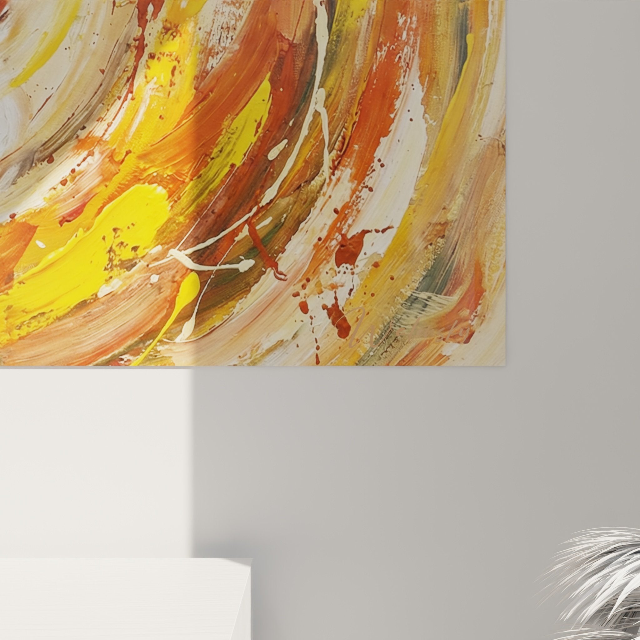 Vue ensemble tableau mural tourbillon abstrait decoration interieur tons ocre orange Jack Russel Terrier