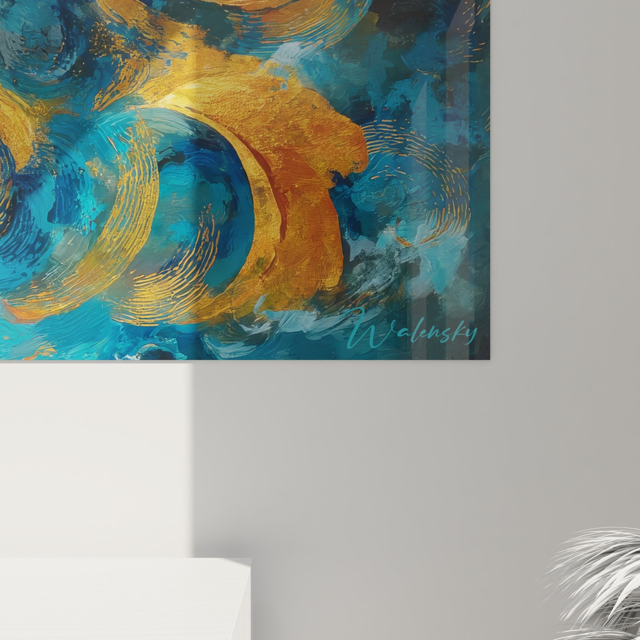 Vue d'ensemble tableau tourbillons abstraits, art mural moderne aux tons bleus et dorés