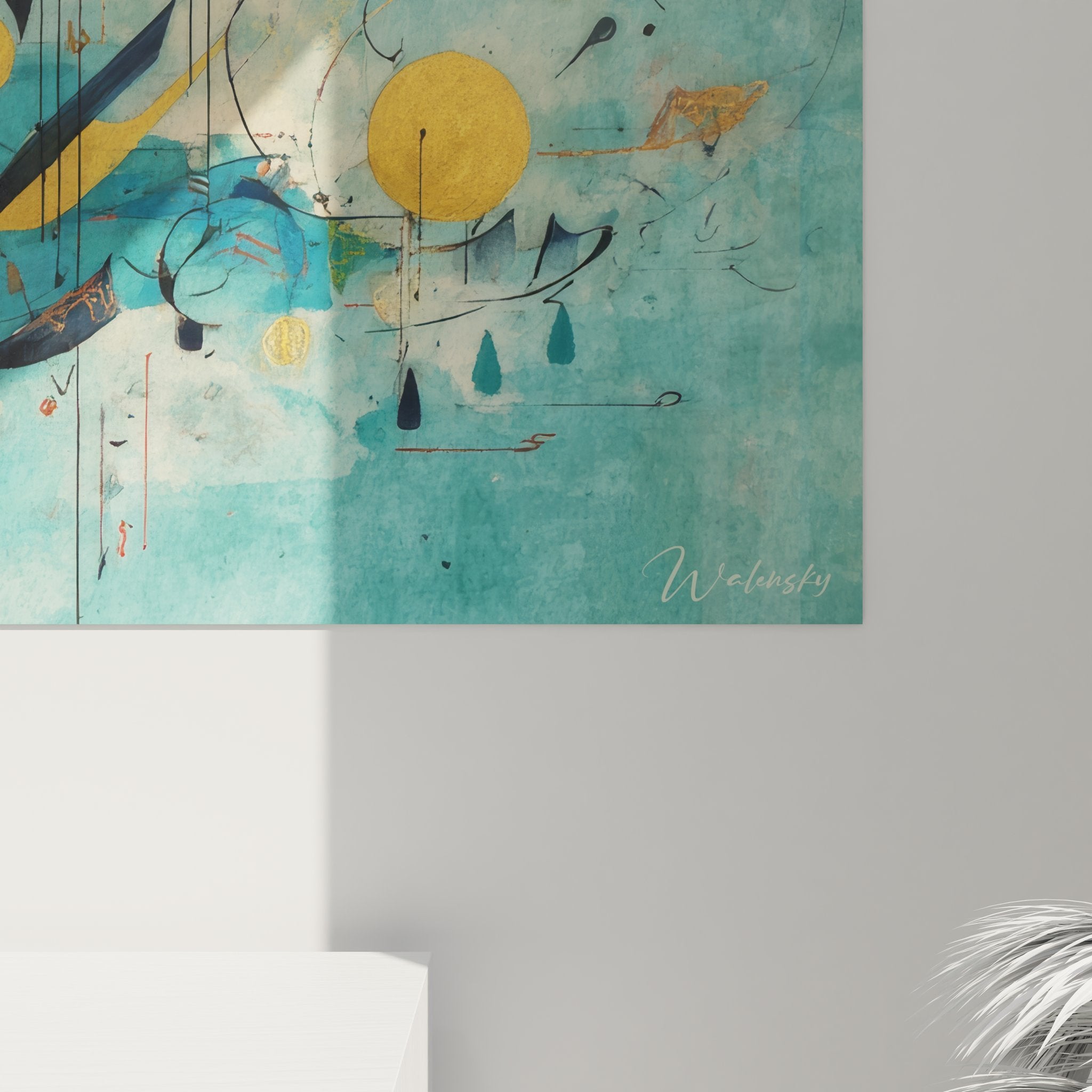 Vue ensemble tableau composition abstraite triptyque, peinture moderne turquoise murale