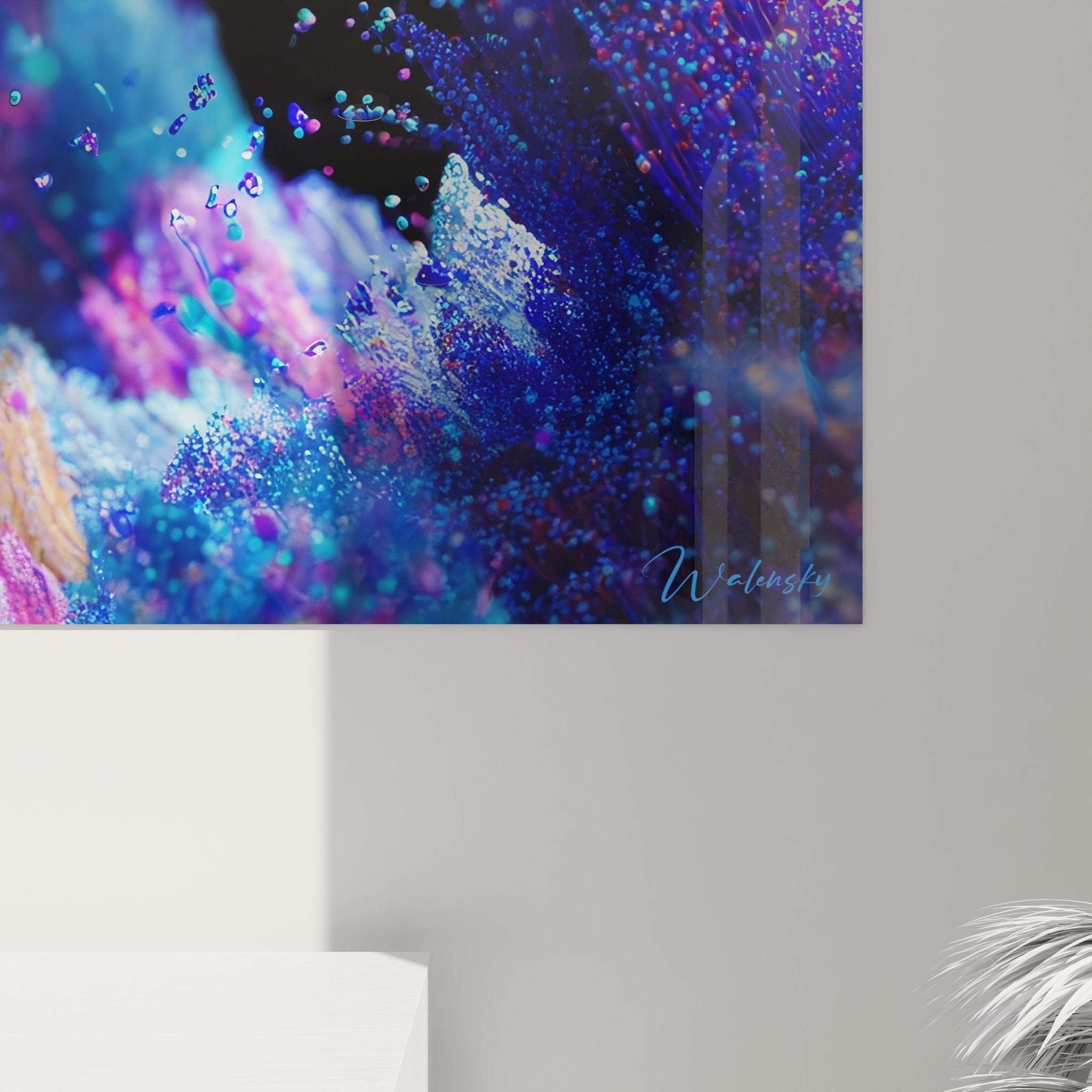 Vue ensemble tableau mural vague cosmique spirale galactique bleue violette art futurisme abstrait