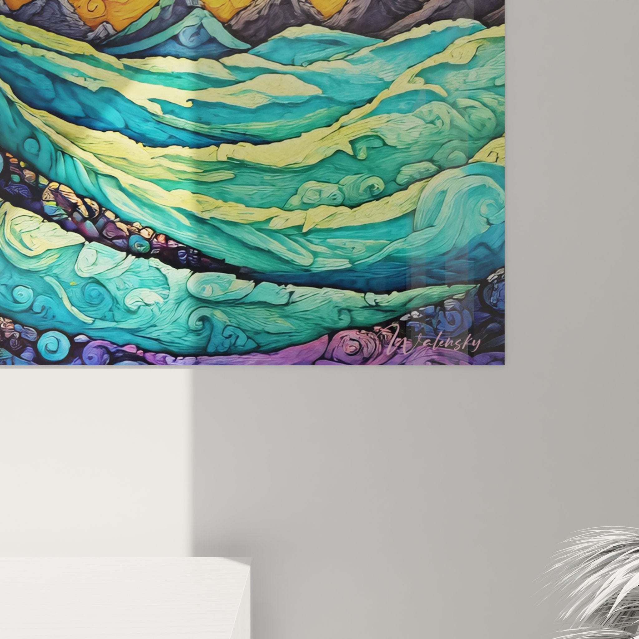 Vue ensemble tableau vague cosmique spirale abstrait - art mural décoratif aux couleurs vives