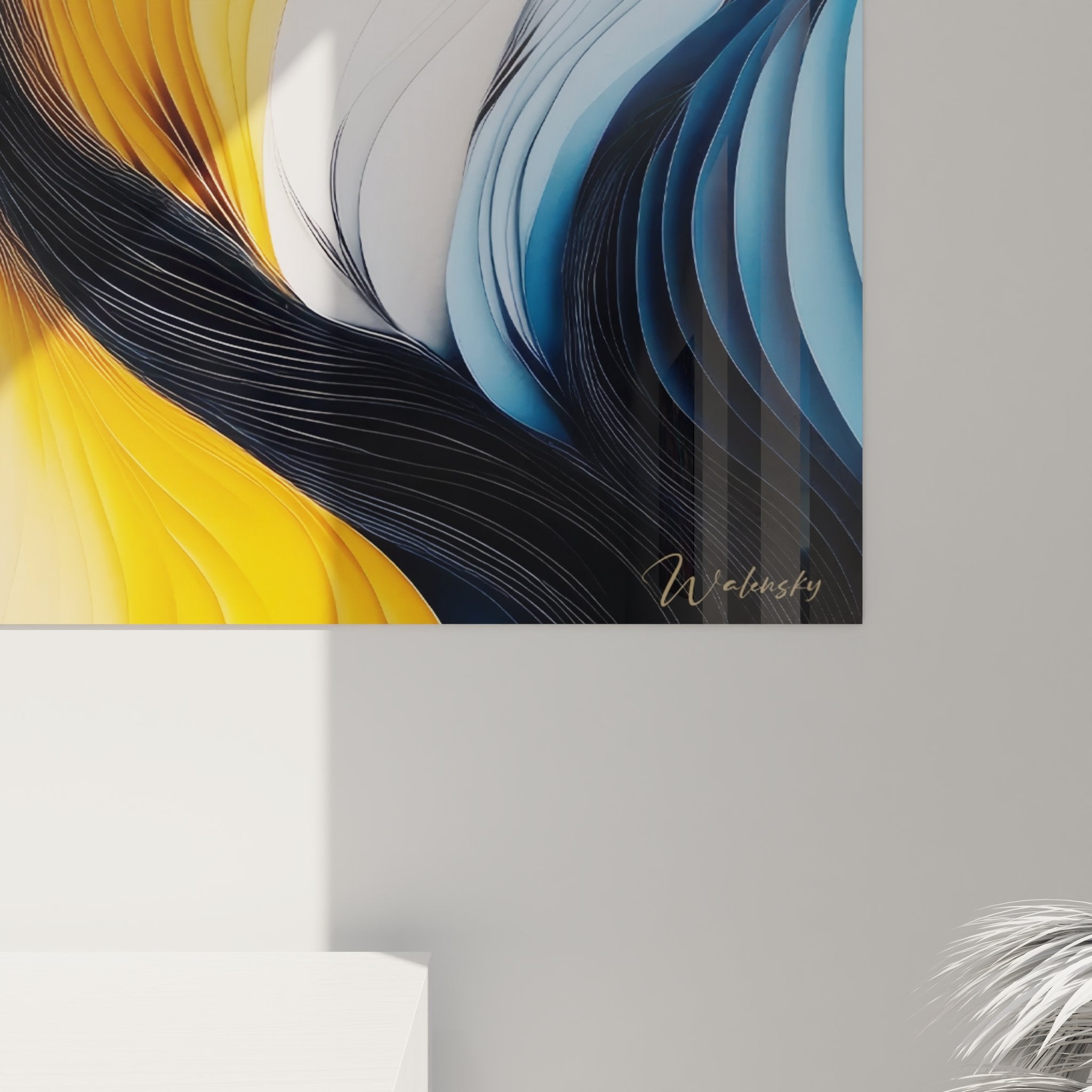 Vue ensemble tableau mural vagues abstraites modernes décoration intérieure art contemporain fluide