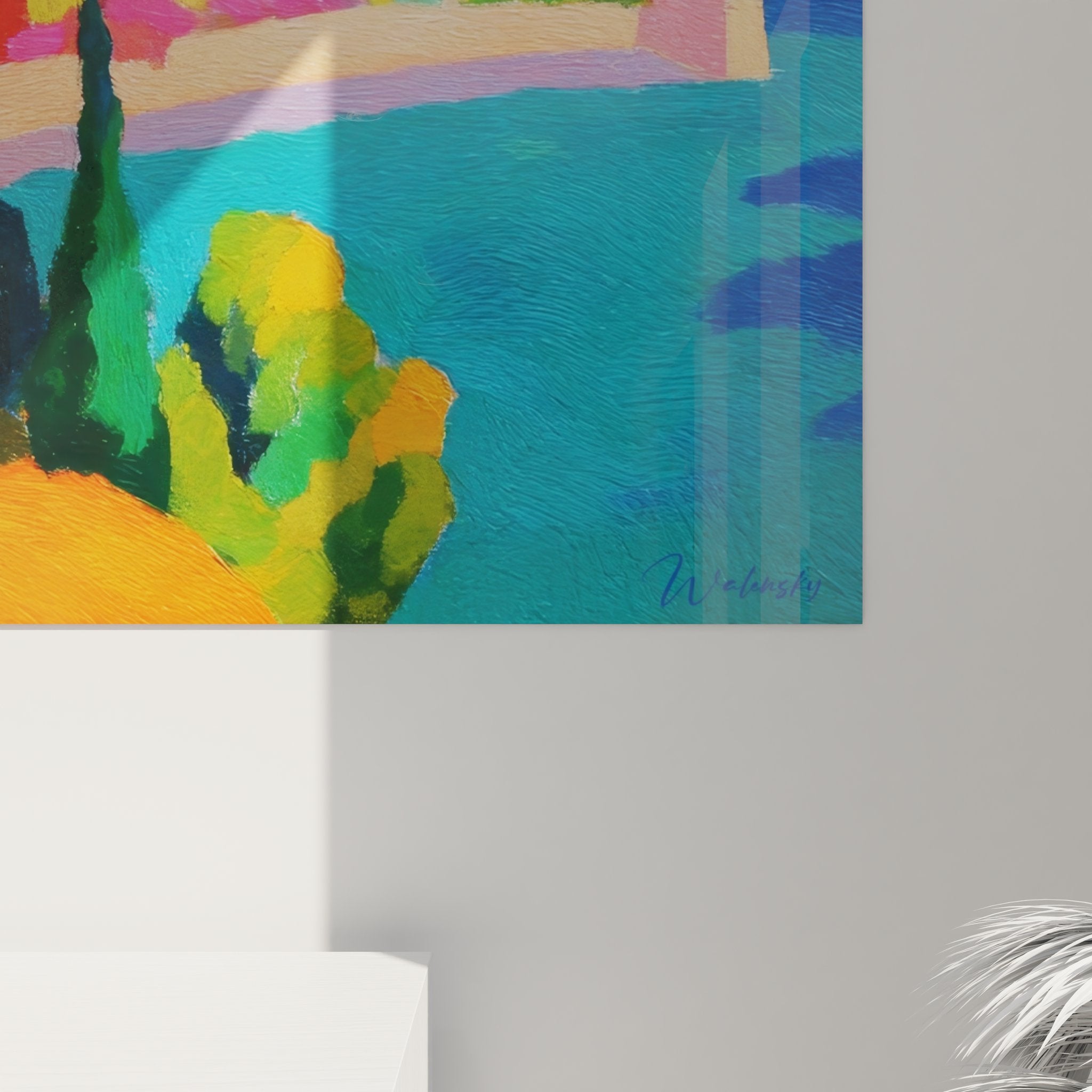 Vue ensemble tableau village côtier coloré - art mural méditerranéen décoratif