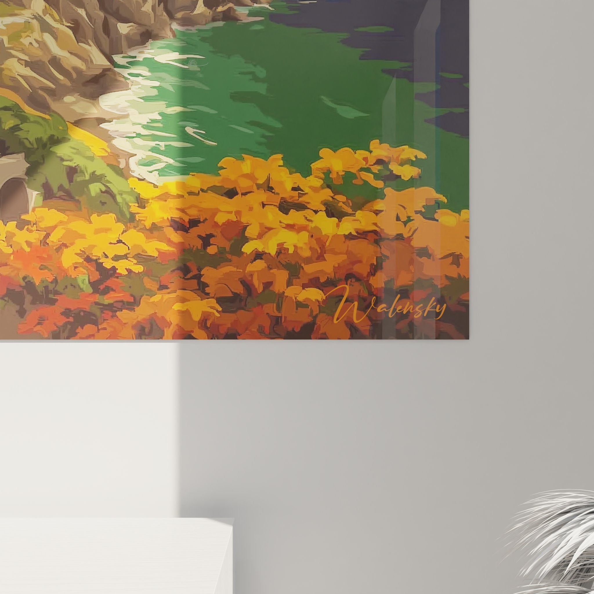 Vue ensemble tableau décoratif village grec Santorin mer bleue falaises blanches