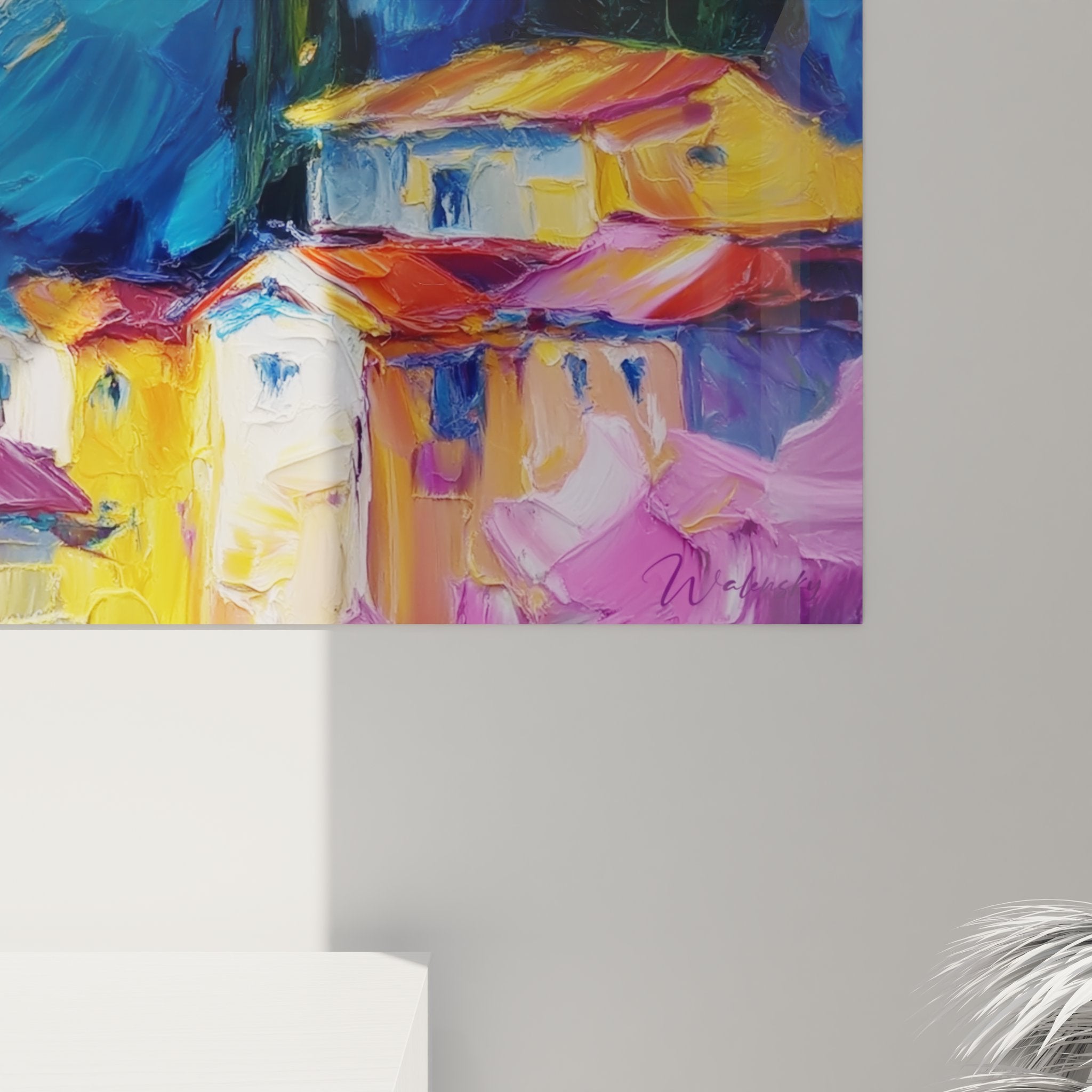 Gesamtansicht Wandbild mediterranes Dorf Berg, dekorative Kunstlandschaft Zypressen provenzalische Häuser